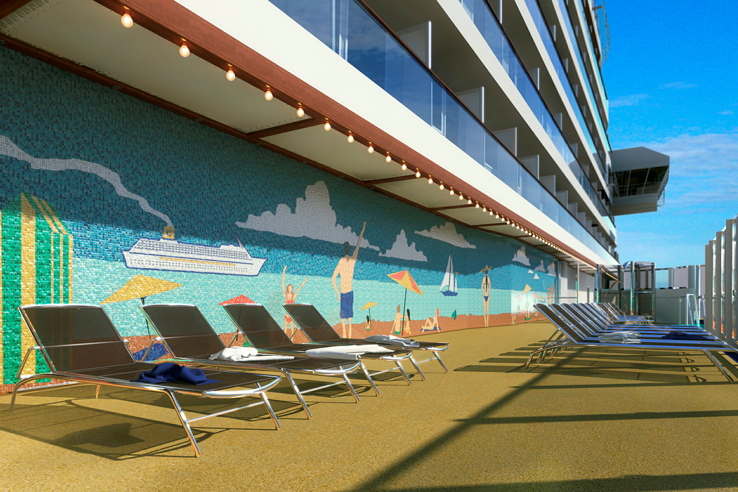 Liggestole ved en mosaikvæg med strandmotiv på et krydstogtskib. (AI-genereret tekst)