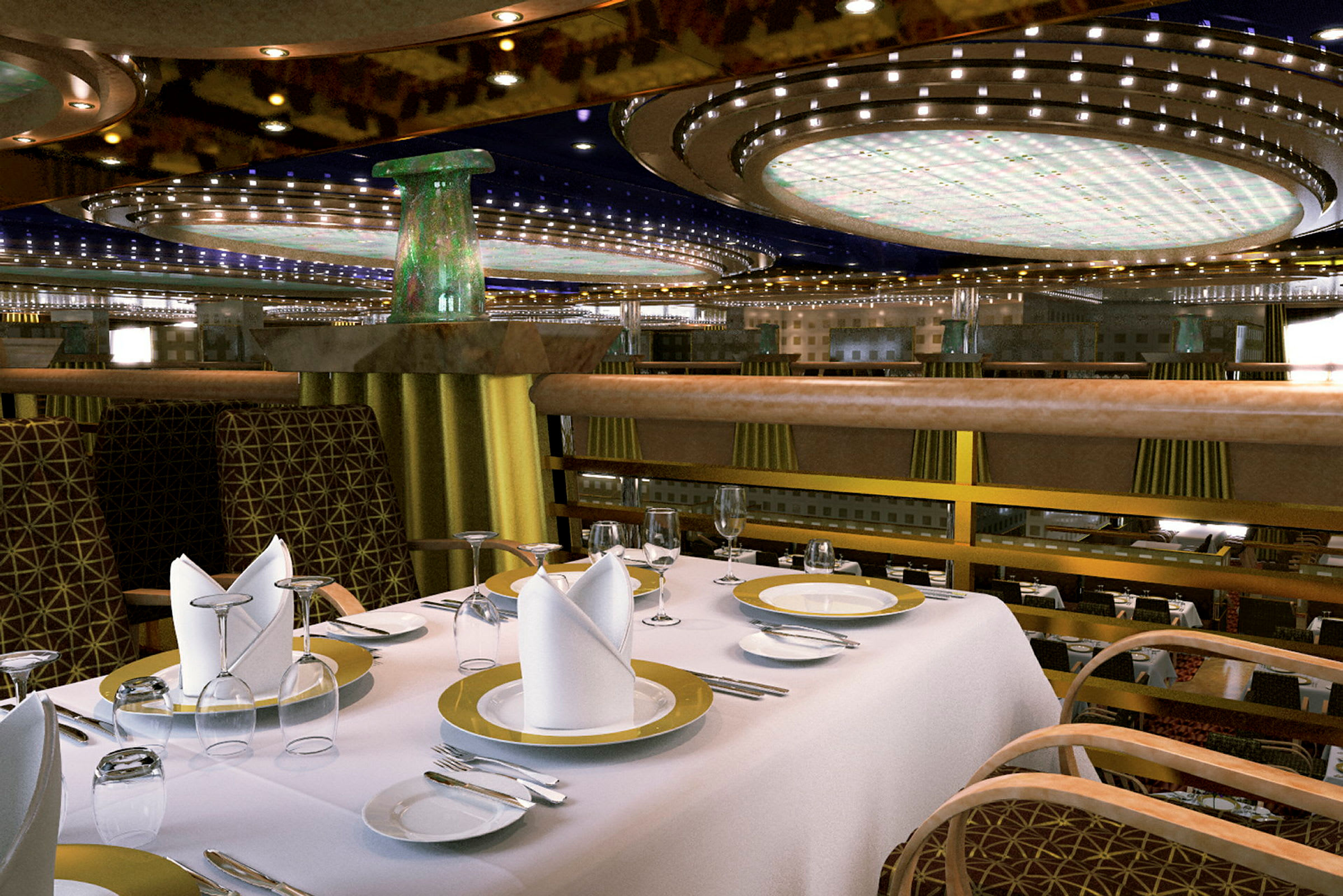 En elegant restaurant med dækkede borde og lysekroner i loftet. (AI-genereret tekst)