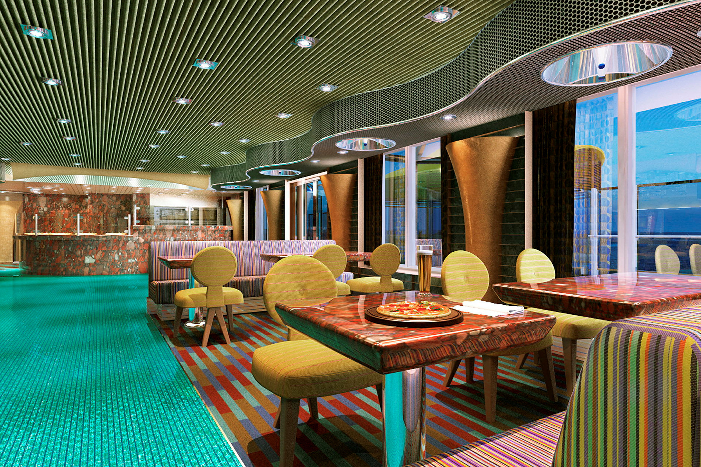 Billede af et restaurantmiljø med farverige møbler, borde og stole i moderne design. (AI-genereret tekst)