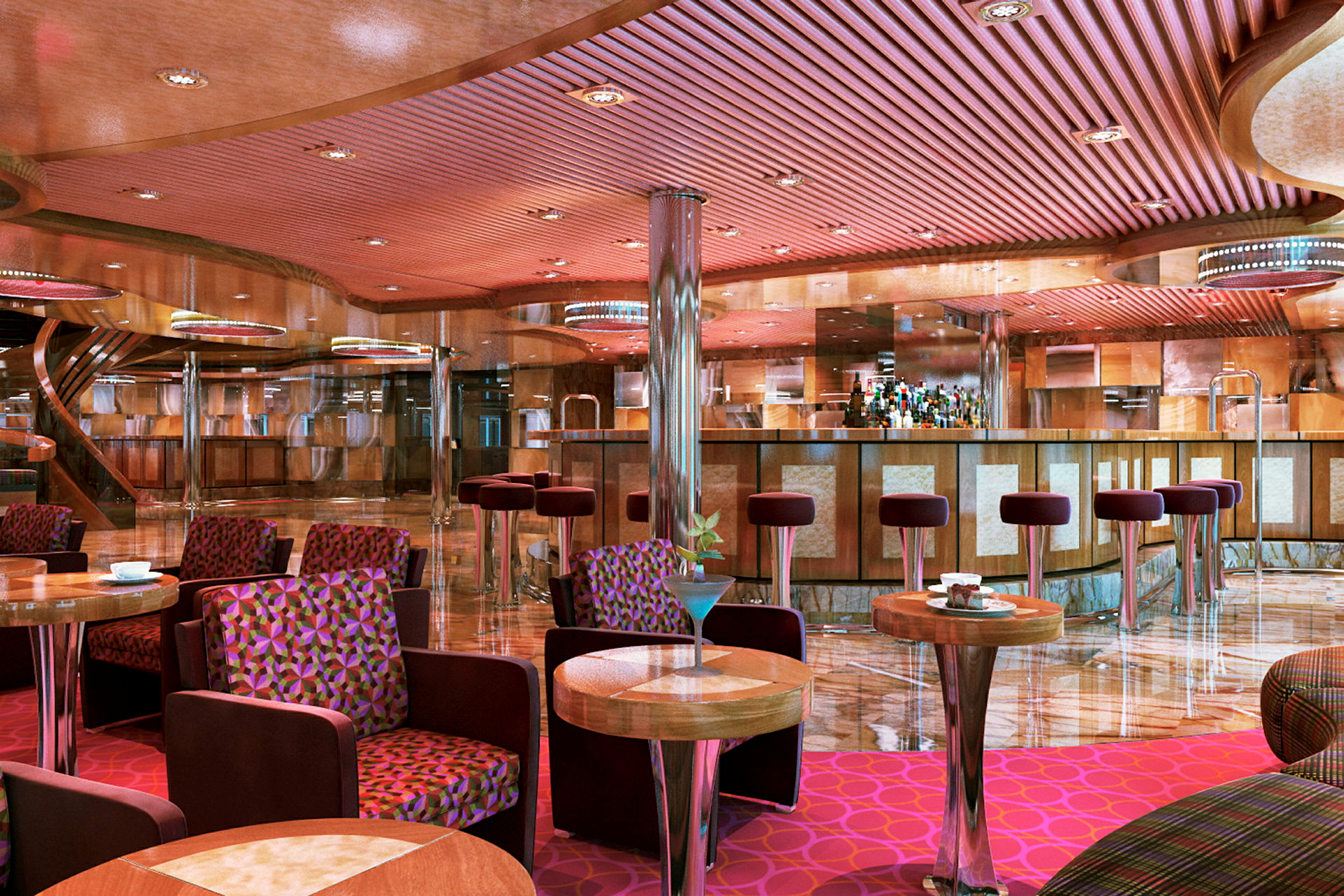 En elegant barlounge med moderne møbler og farverig indretning. (AI-genereret tekst)