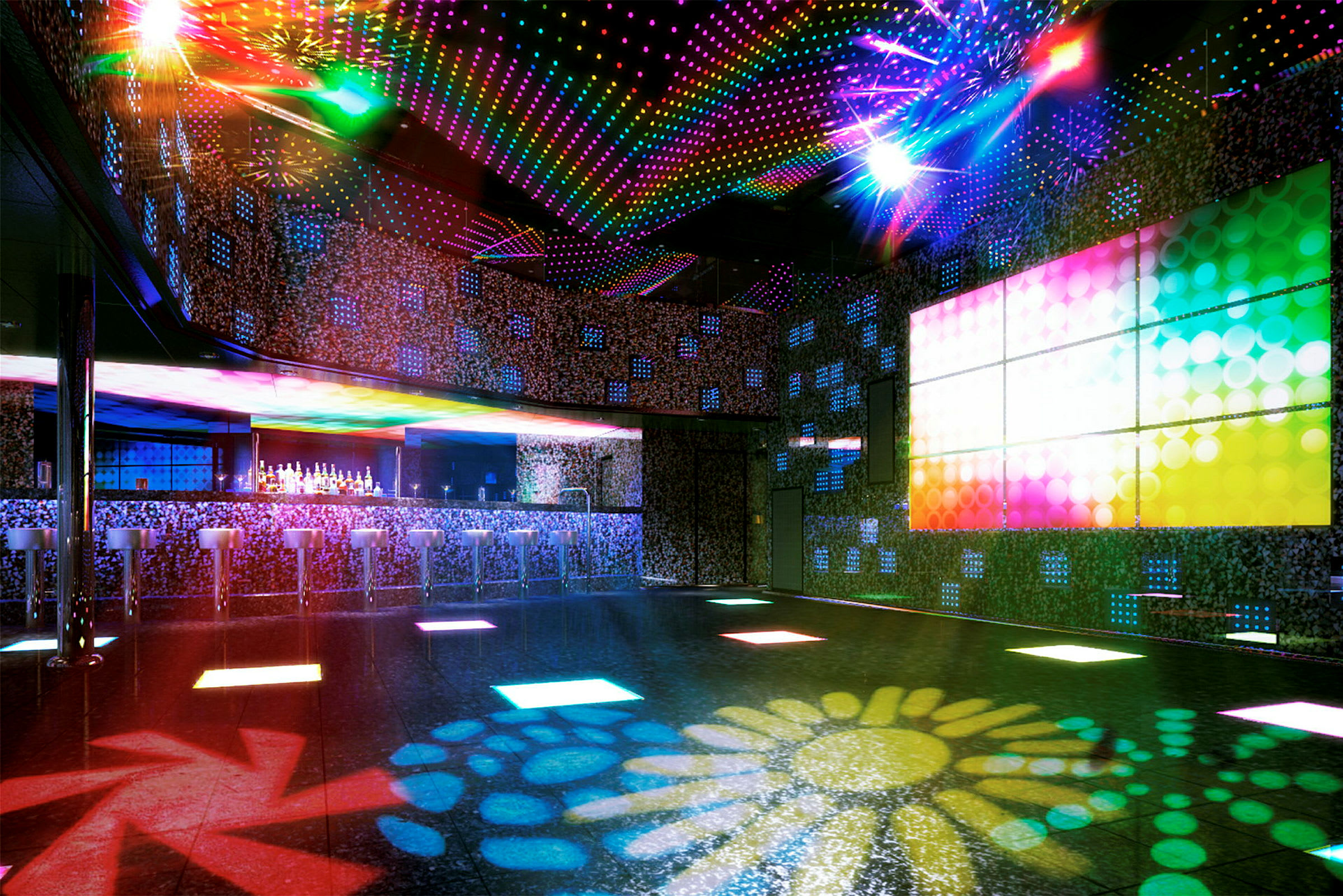Interiør af en natklub med lysinstallationer, bar og dansegulv. (AI-genereret tekst)