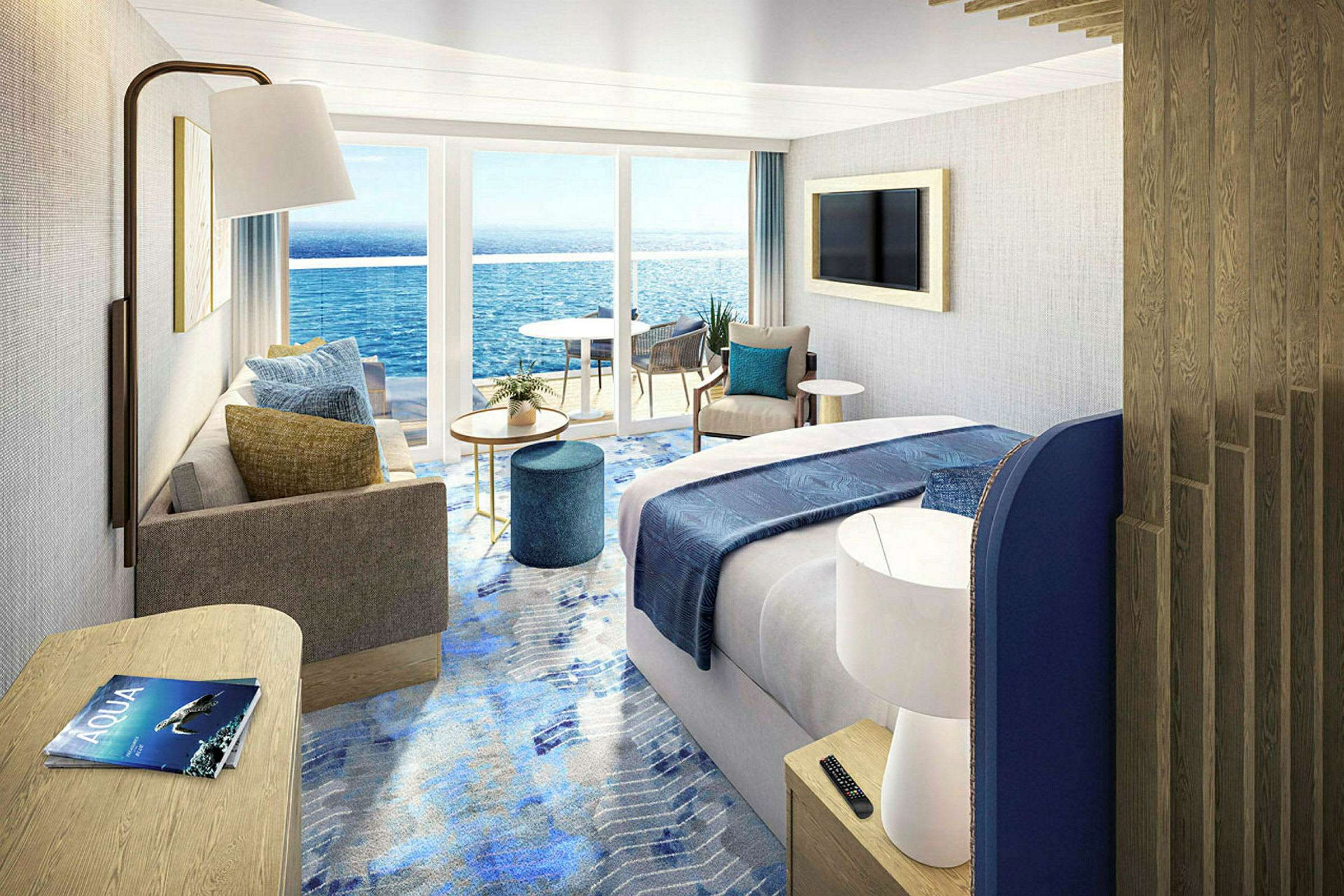 Et moderne hotelværelse med havudsigt gennem store glasdøre, der fører til en balkon. (AI-genereret tekst)