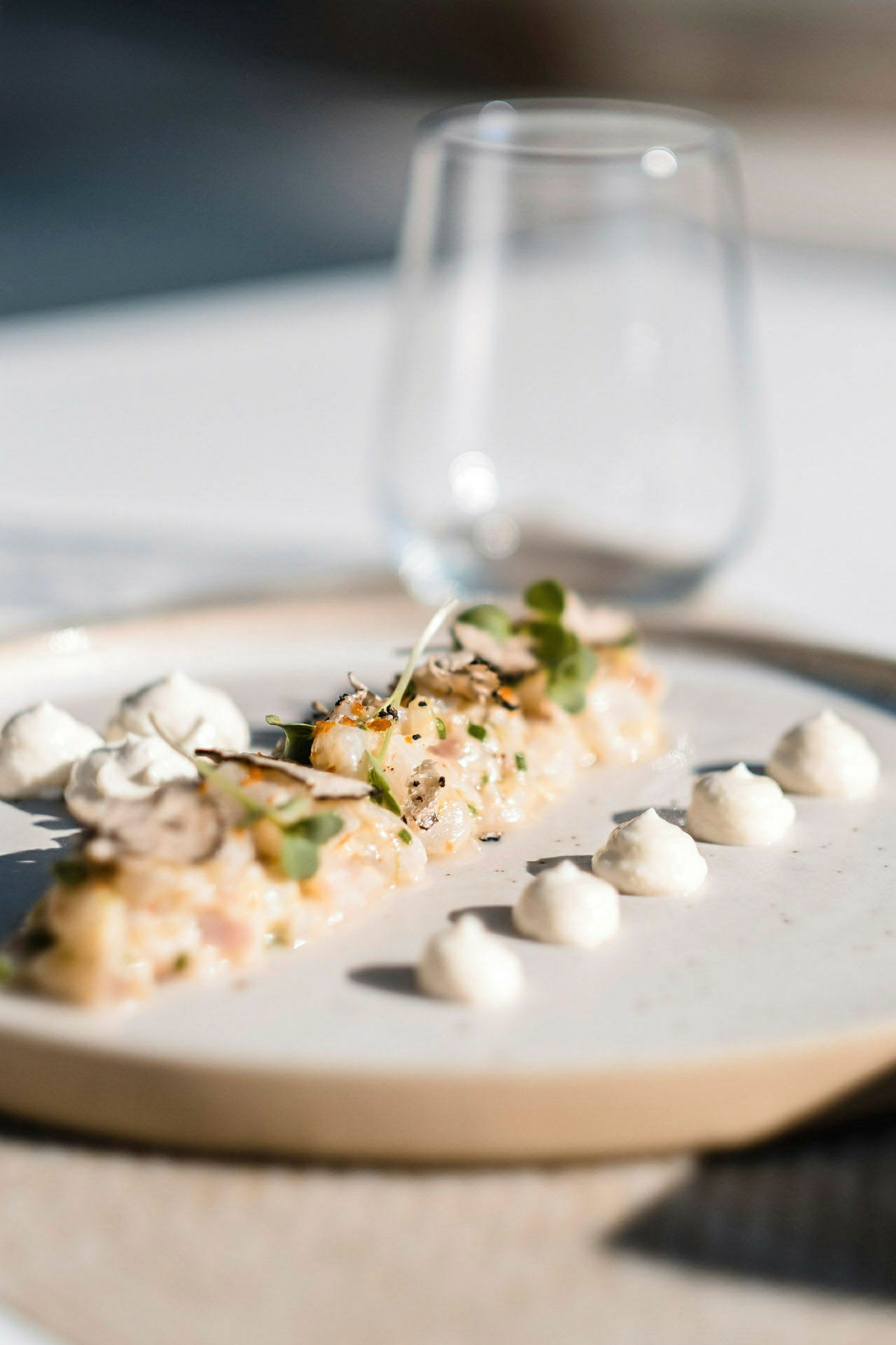En tallerken med mad serveres elegant med små klatter af en cremet sauce og dekorationer. (AI-genereret tekst)