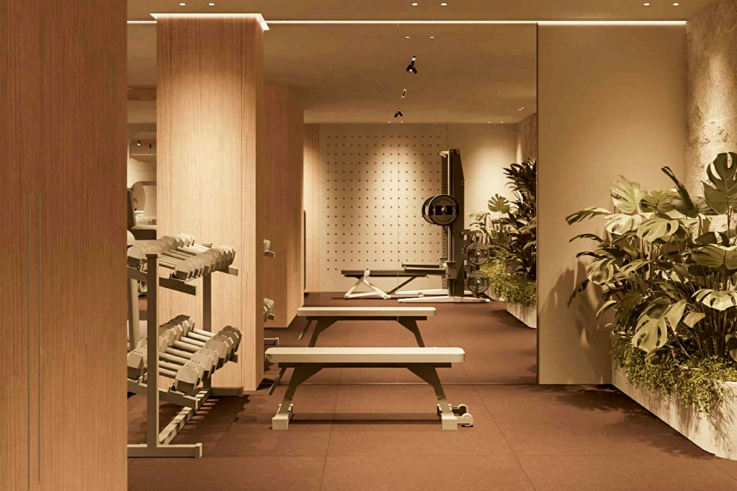 Et moderne fitnessrum med træningsbænke, vægte og grønne planter som dekoration. (AI-genereret tekst)