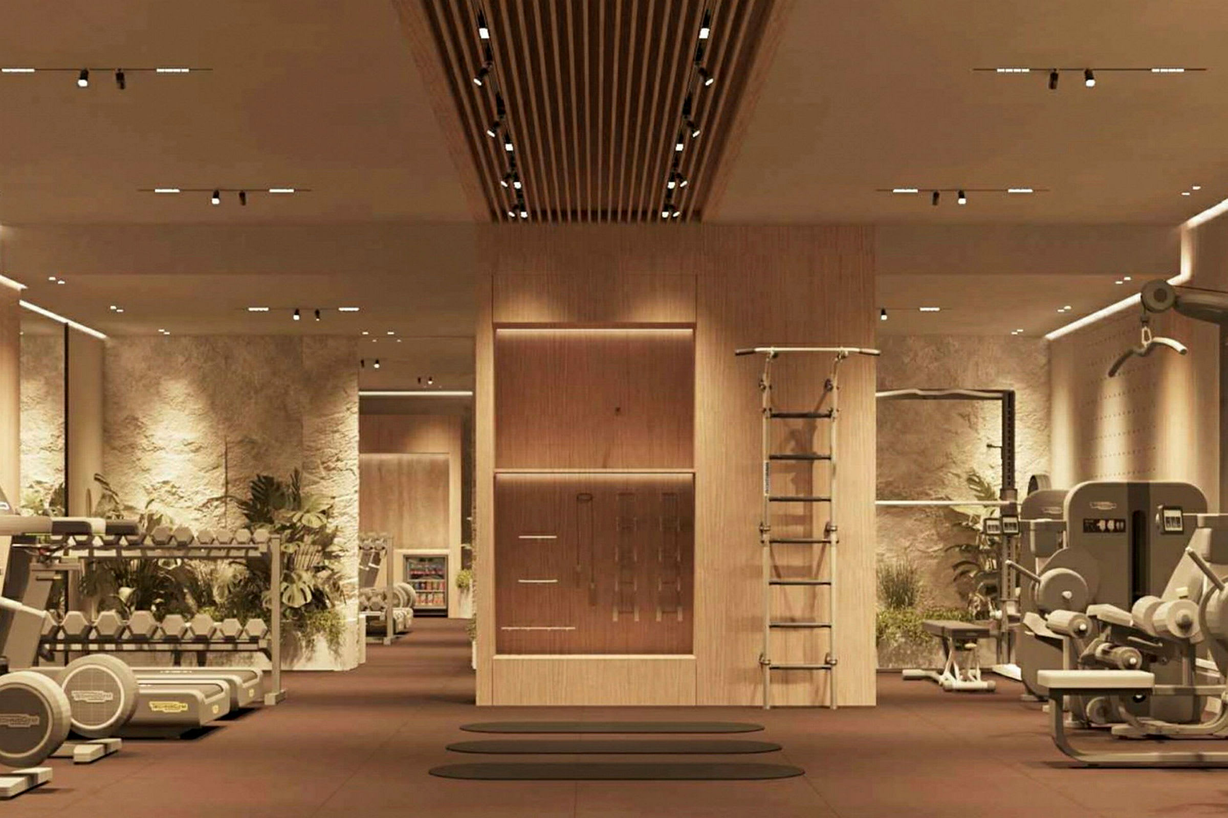 Et moderne fitnesscenter med træningsmaskiner, en vægreol og planteindretning. (AI-genereret tekst)