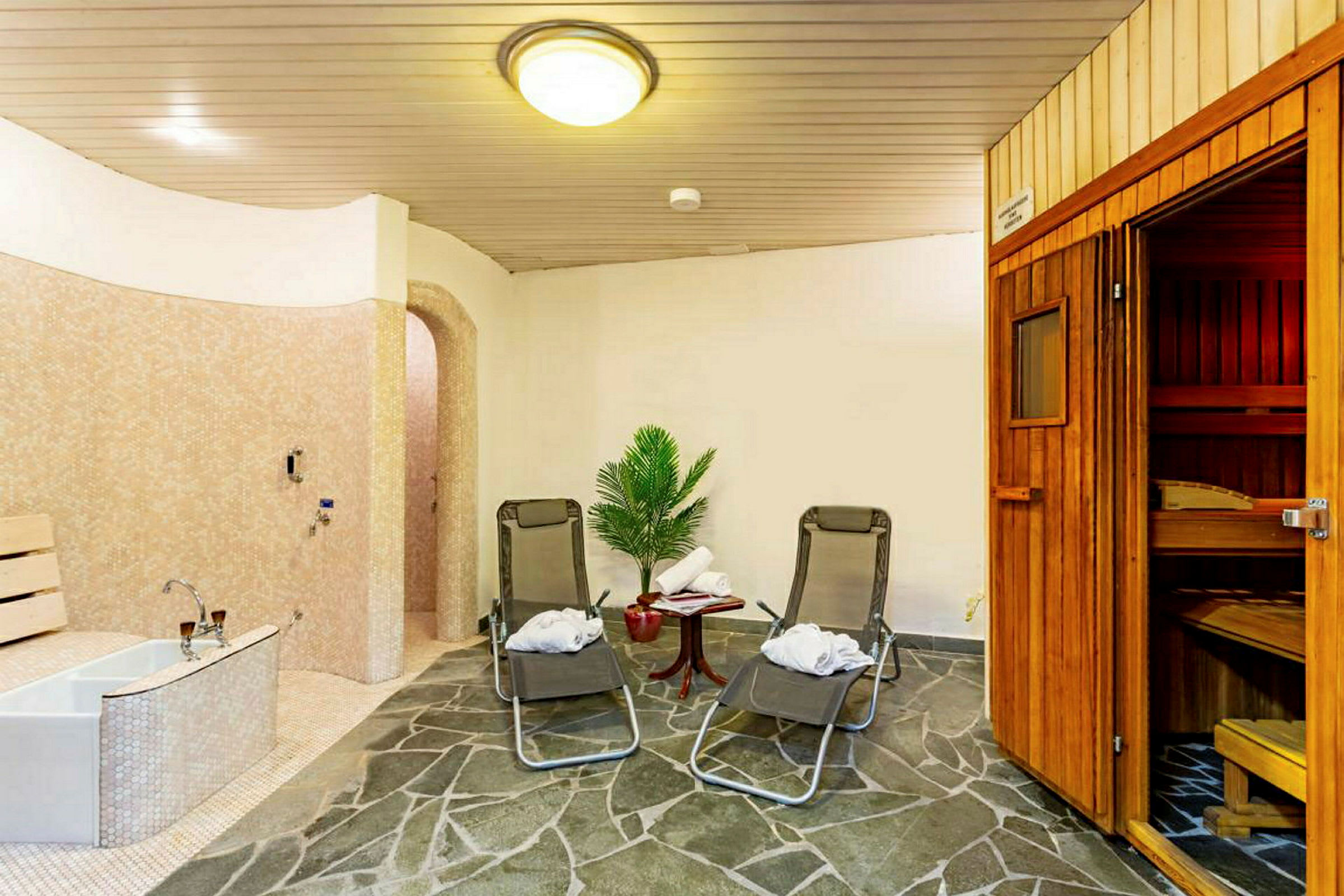 En sauna med træpaneler, to liggestole, et bord med håndklæder og en indendørs plante. (AI-genereret tekst)