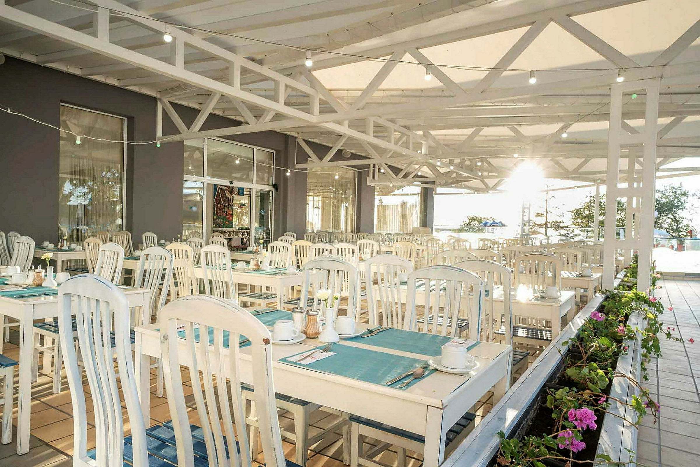 En udendørsrestaurant med borde og stole i lyst trædesign, opdækkede med tallerkener og kopper, samt beplantning i forgrunden. (AI-genereret tekst)