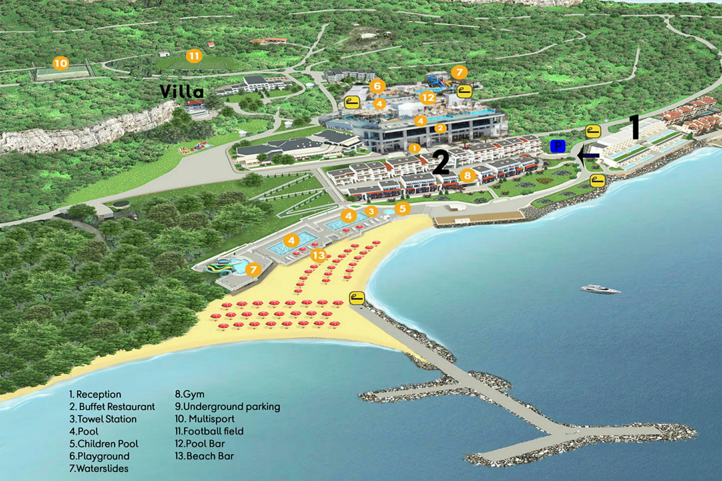 Illustration af feriested med bygninger, svømmebassiner, strand med liggestole og parasoller samt omkringliggende grønne områder. (AI-genereret tekst)