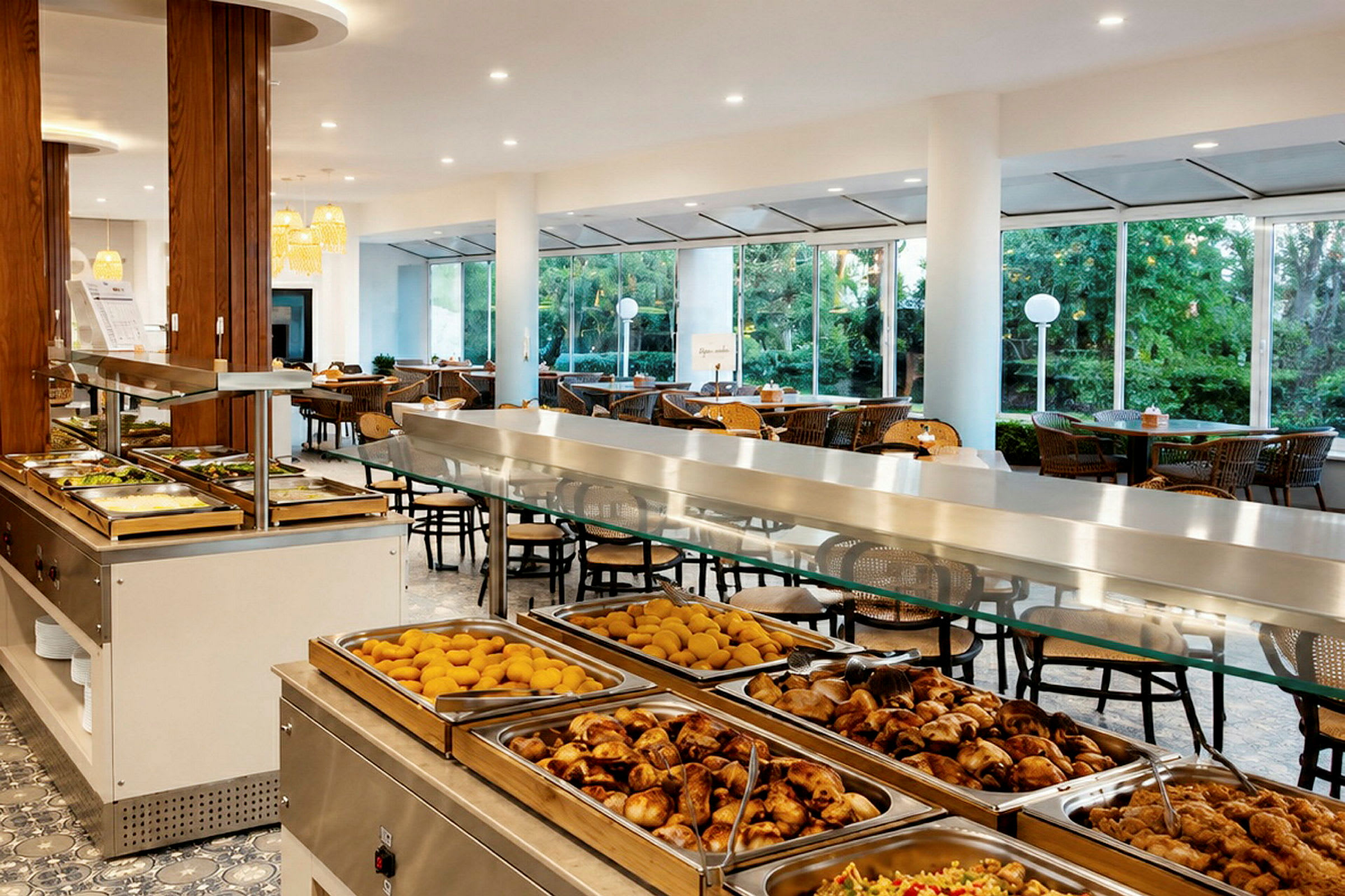 Buffet med forskellige retter i en restaurant med siddepladser og store vinduer. (AI-genereret tekst)