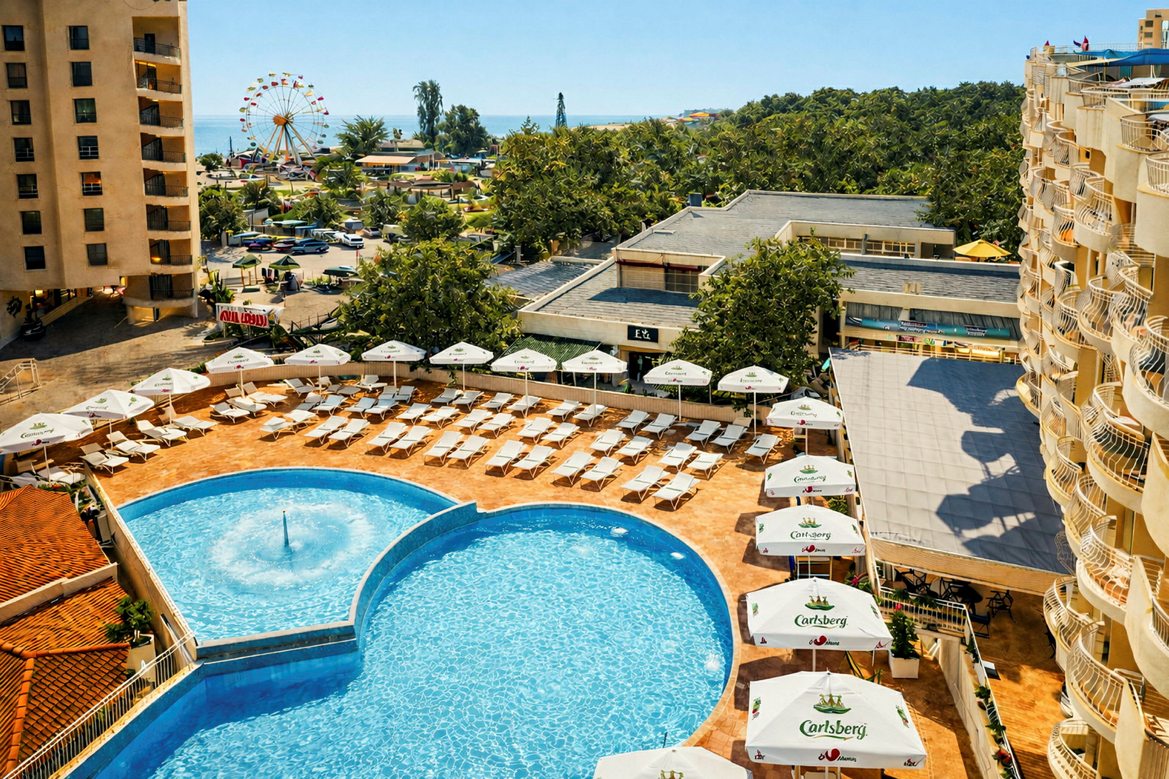 Hotellets poolområde med liggestole og parasoller, samt omkringliggende bygninger og en park i baggrunden. (AI-genereret tekst)