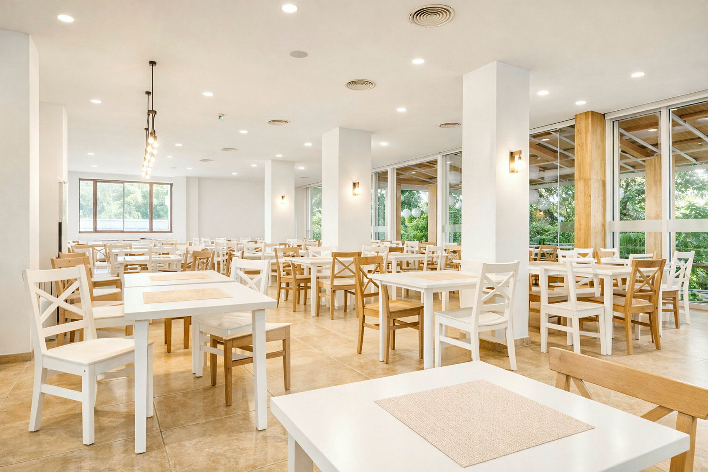 En lys restaurant med mange borde og stole i træ. Store vinduer lader naturligt lys komme ind, og udendørs omgivelser er synlige udenfor. (AI-genereret tekst)