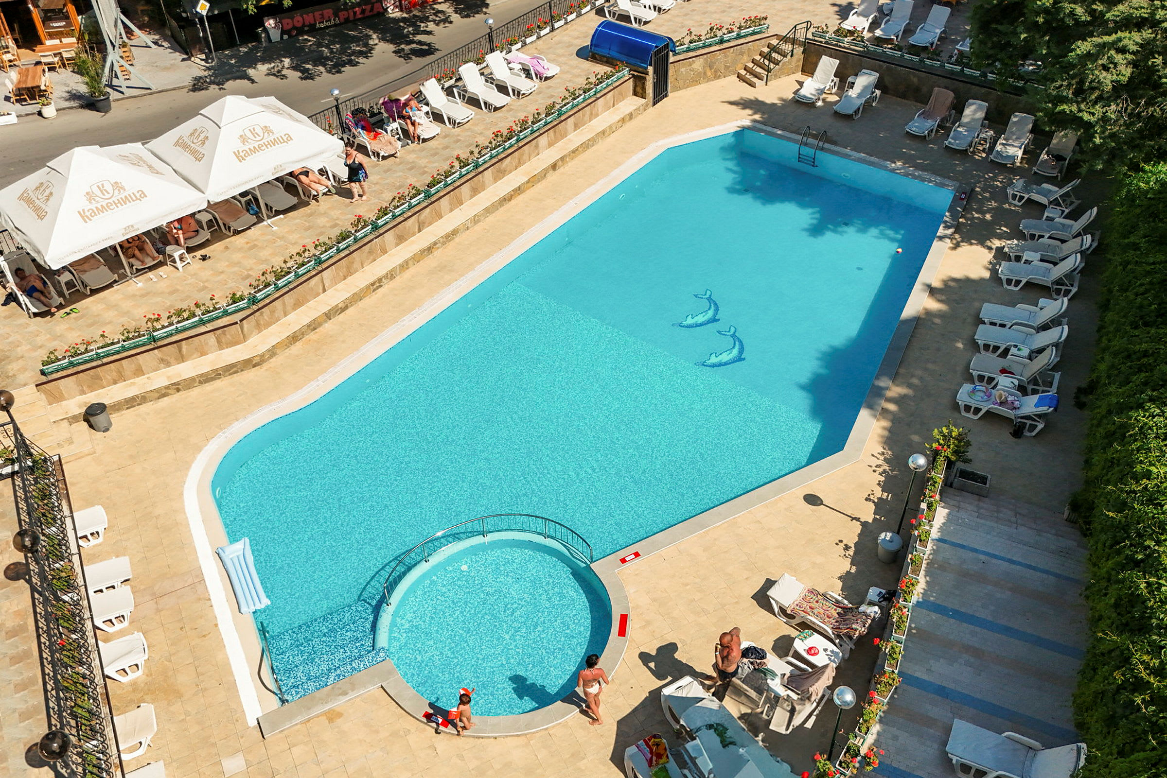 En udendørs pool med liggestole og parasoller rundt omkring. I poolen ses to delfiner, som er afbildet på bunden. (AI-genereret tekst)