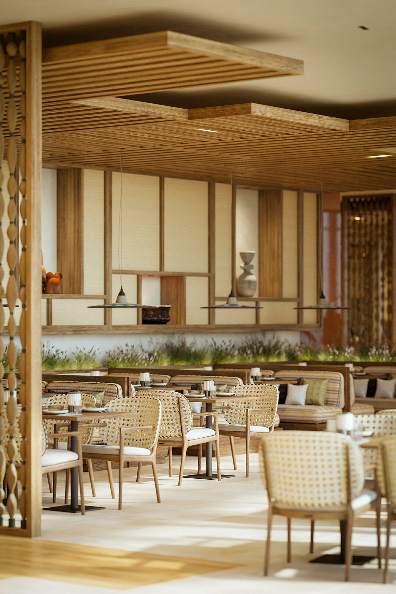 En moderne restaurant med træinteriør, borde, stole og sofaer. Vægge dekoreret med paneler og hylder. (AI-genereret tekst)
