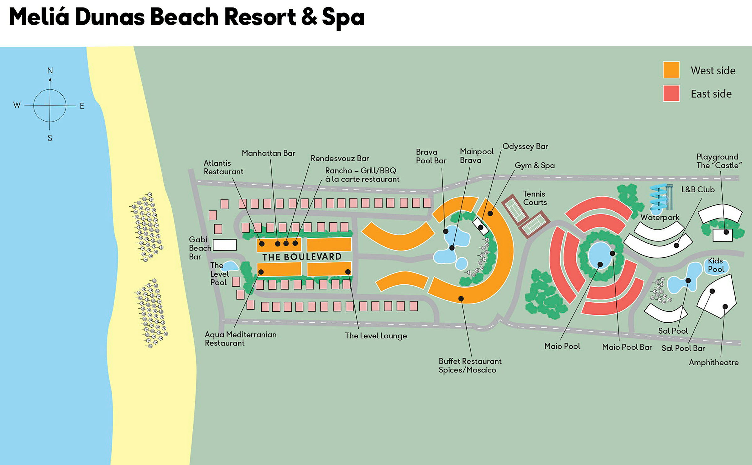Kort over Melia Dunas Beach Resort & Spa. (AI-genereret tekst)