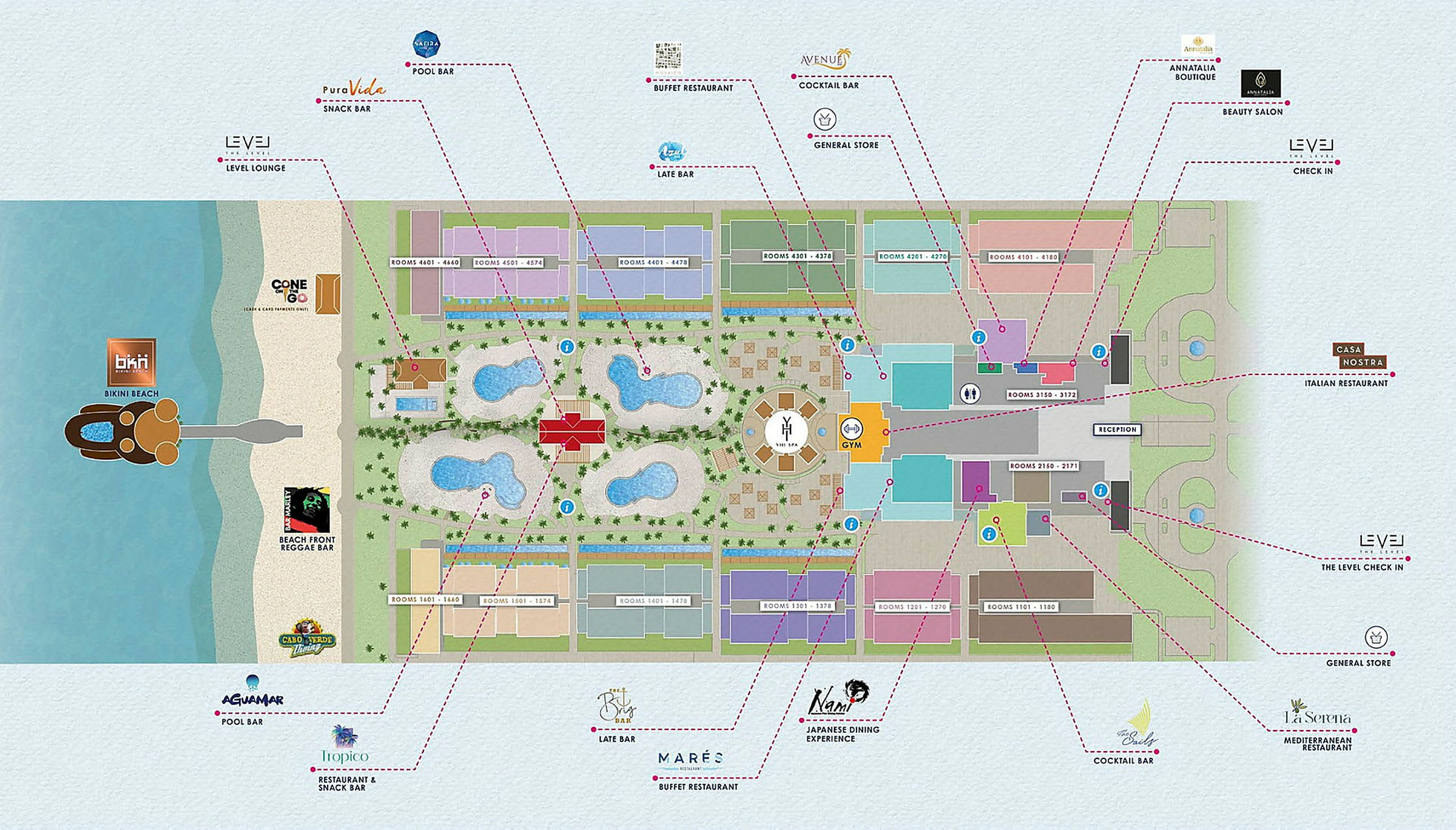 Kortet viser resortens layout med forskellige bygninger, restauranter, pools og stranden markeret med navne. (AI-genereret tekst)