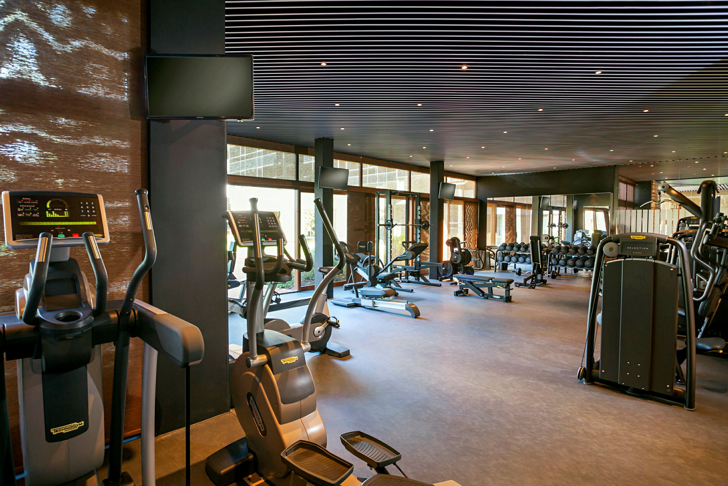 Et fitnesscenter med træningsmaskiner og frie vægte. (AI-genereret tekst)