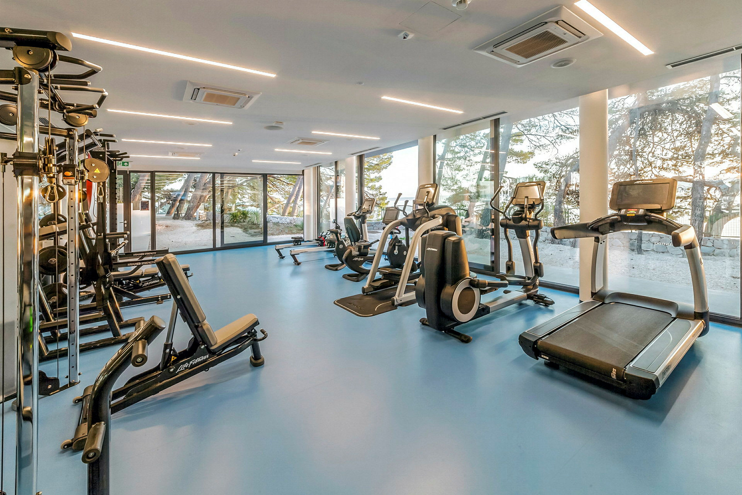 Træningsrum med fitnessmaskiner og store vinduer. (AI-genereret tekst)