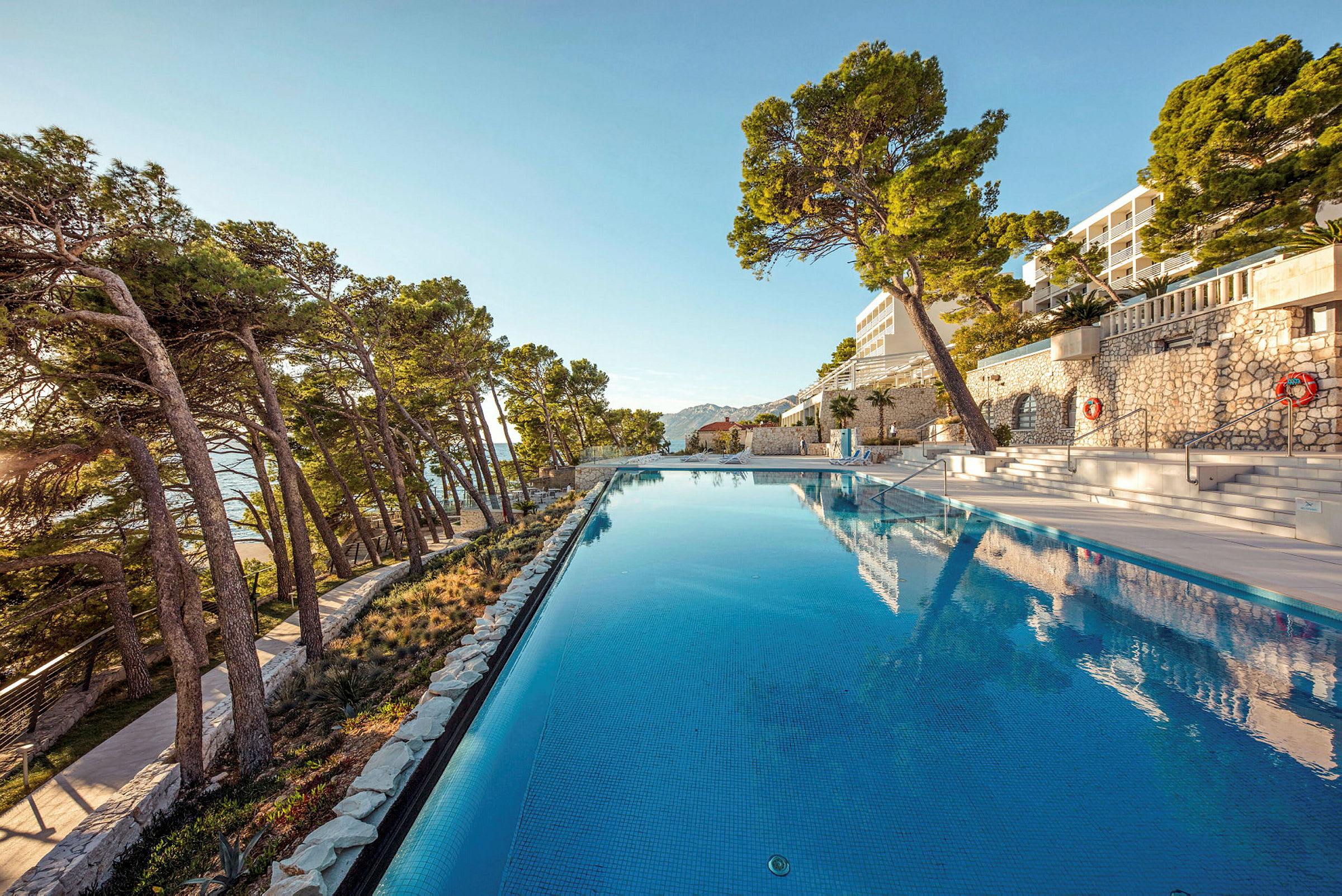 En lang pool ved et hotel omgivet af høje træer. (AI-genereret tekst)
