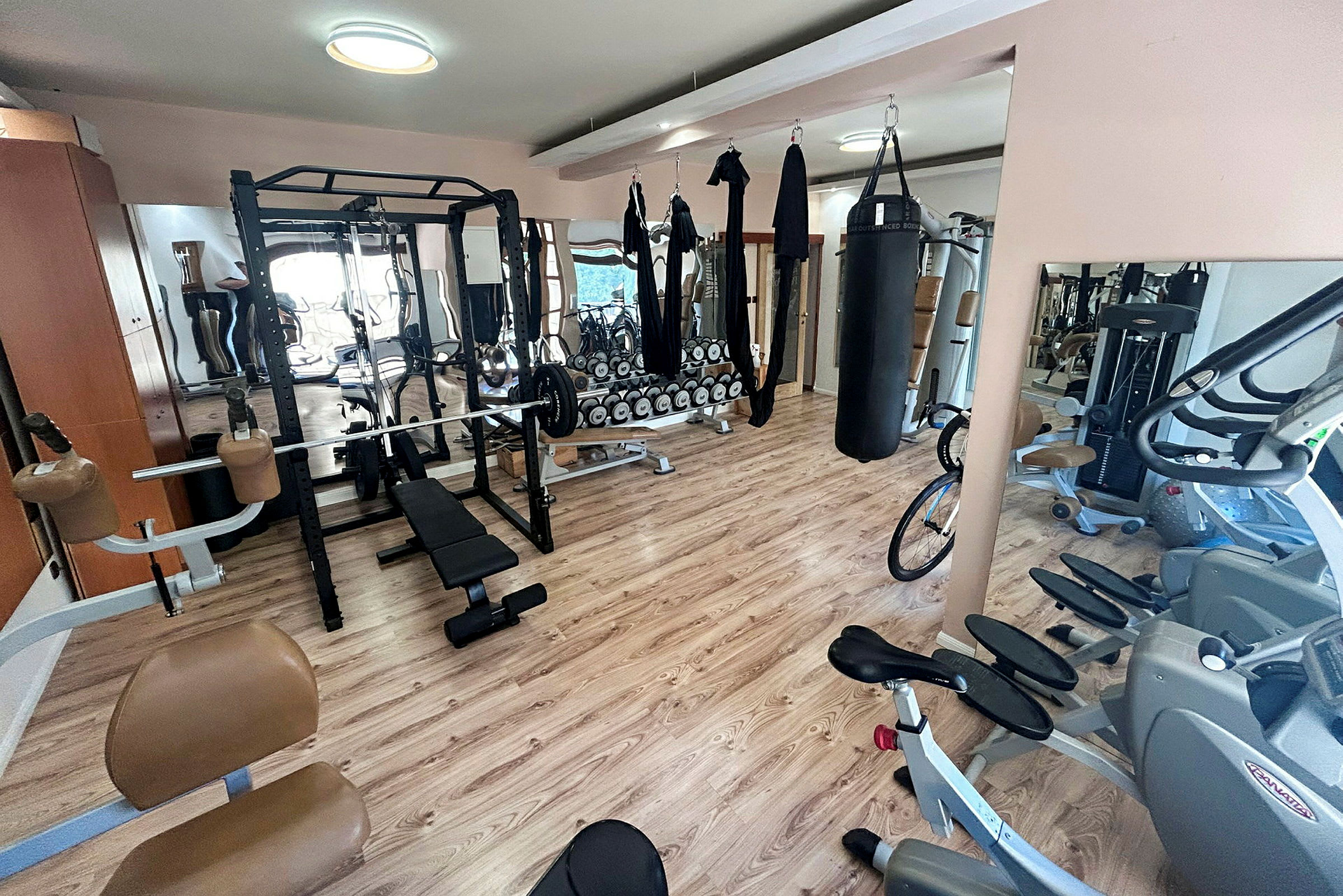 Billede af et fitnesscenter med træningsudstyr såsom vægte, løbebånd og boksepude. (AI-genereret tekst)