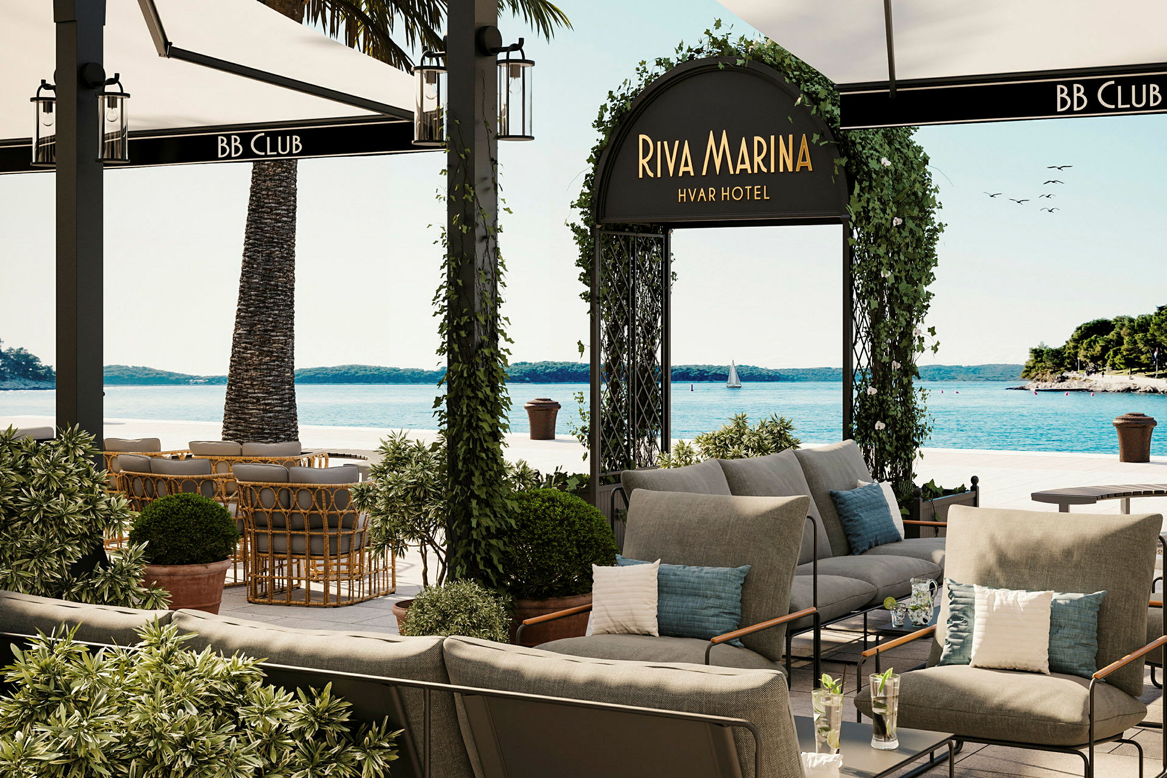 Loungeområde ved et hotel med udsigt over havet. (AI-genereret tekst)