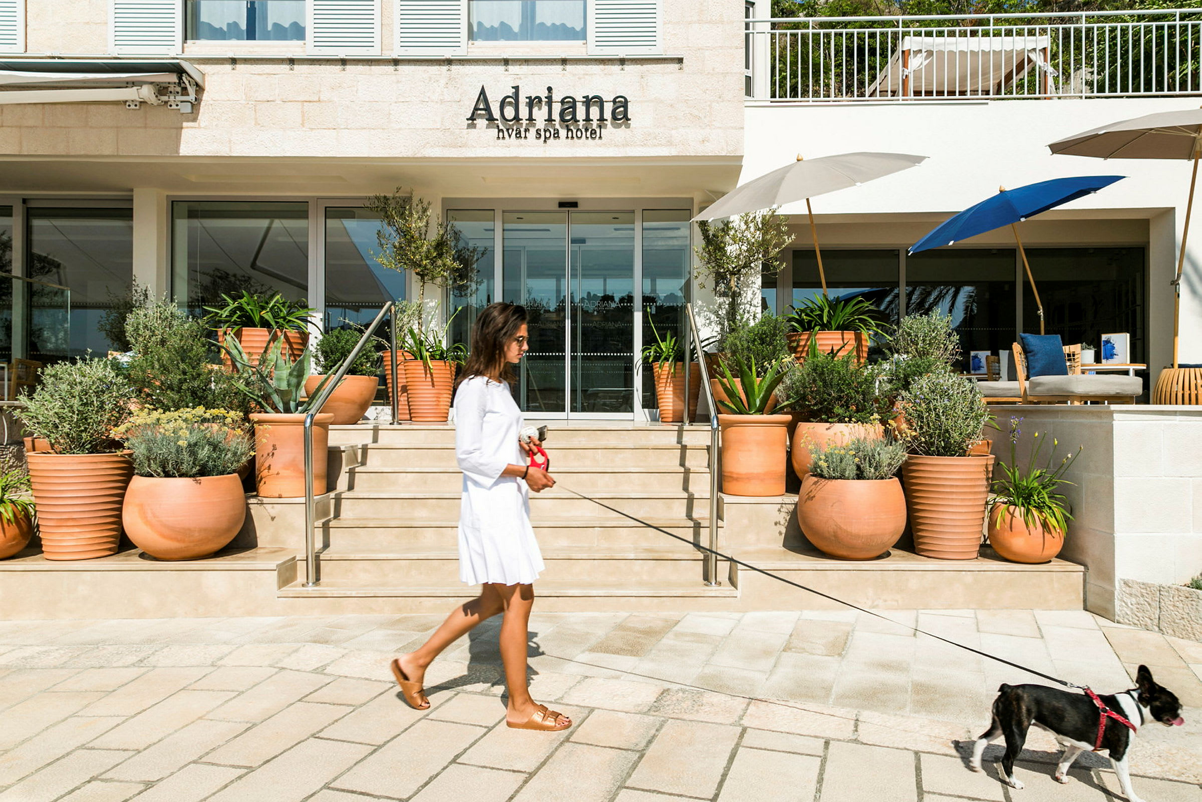 En kvinde går med en hund i snor foran indgangen til Adriana Hvar Spa Hotel. (AI-genereret tekst)