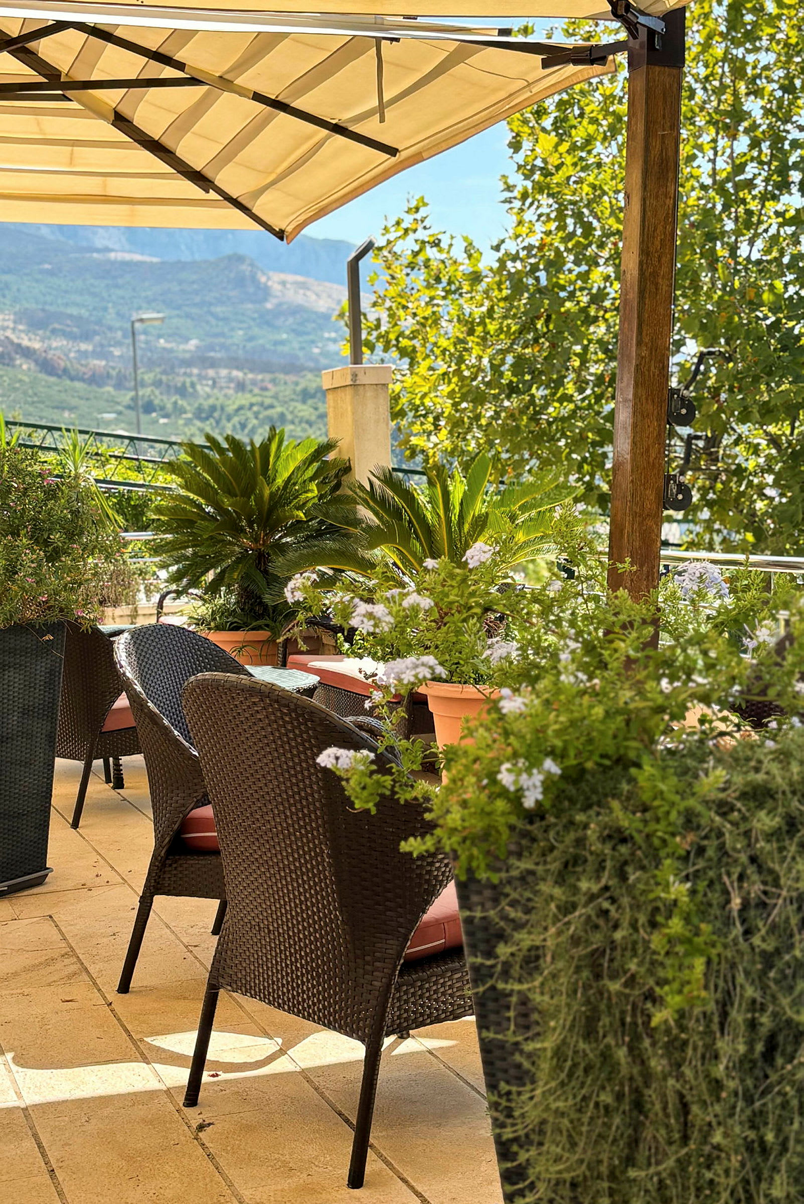 Opdateret terrasse med stole, borde og grøntsager samt udsigt til et bjergrigt landskab. (AI-genereret tekst)