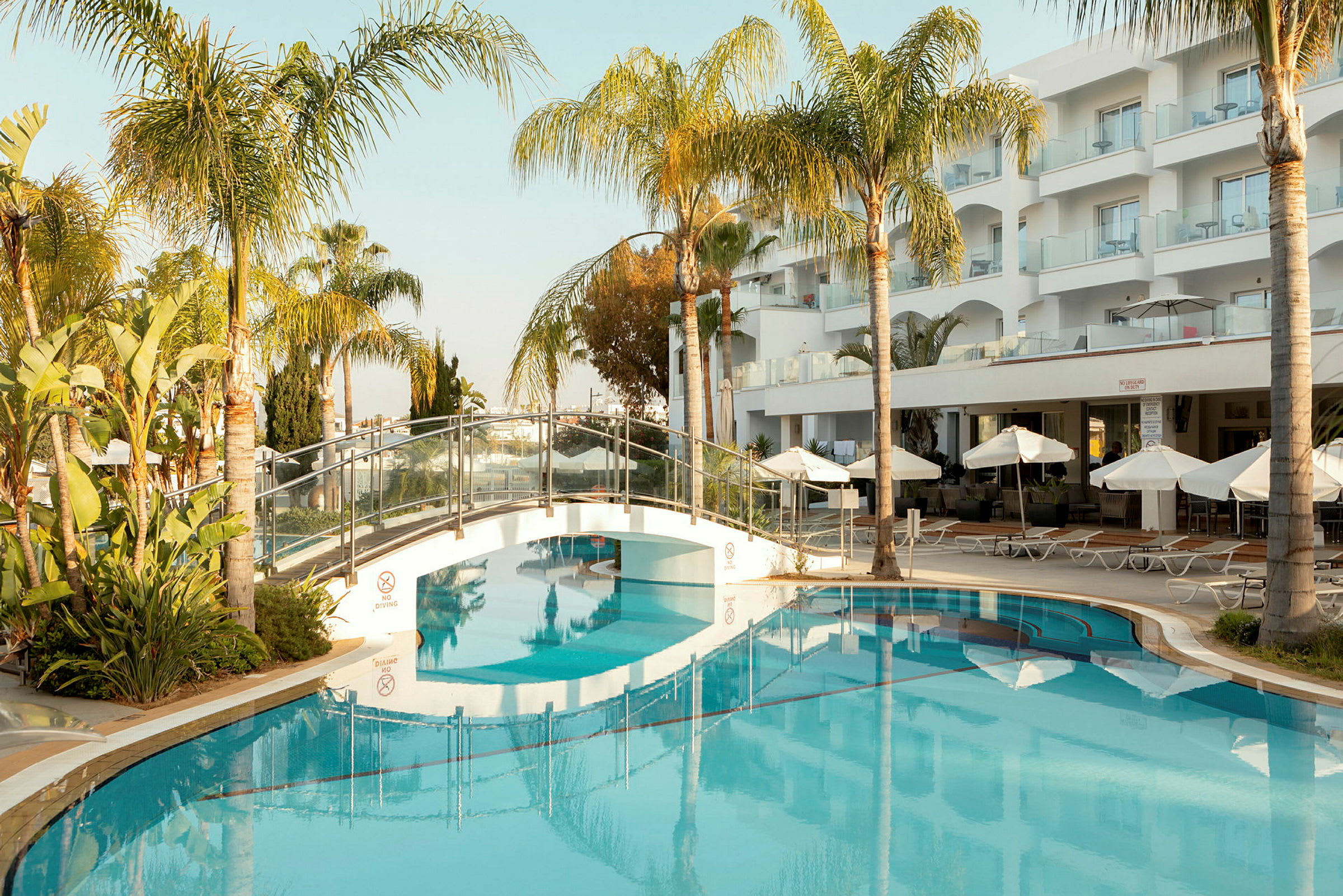 Udendørs billede af hotel med pool, liggestole, parasoller og omgivet af palmer. (AI-genereret tekst)