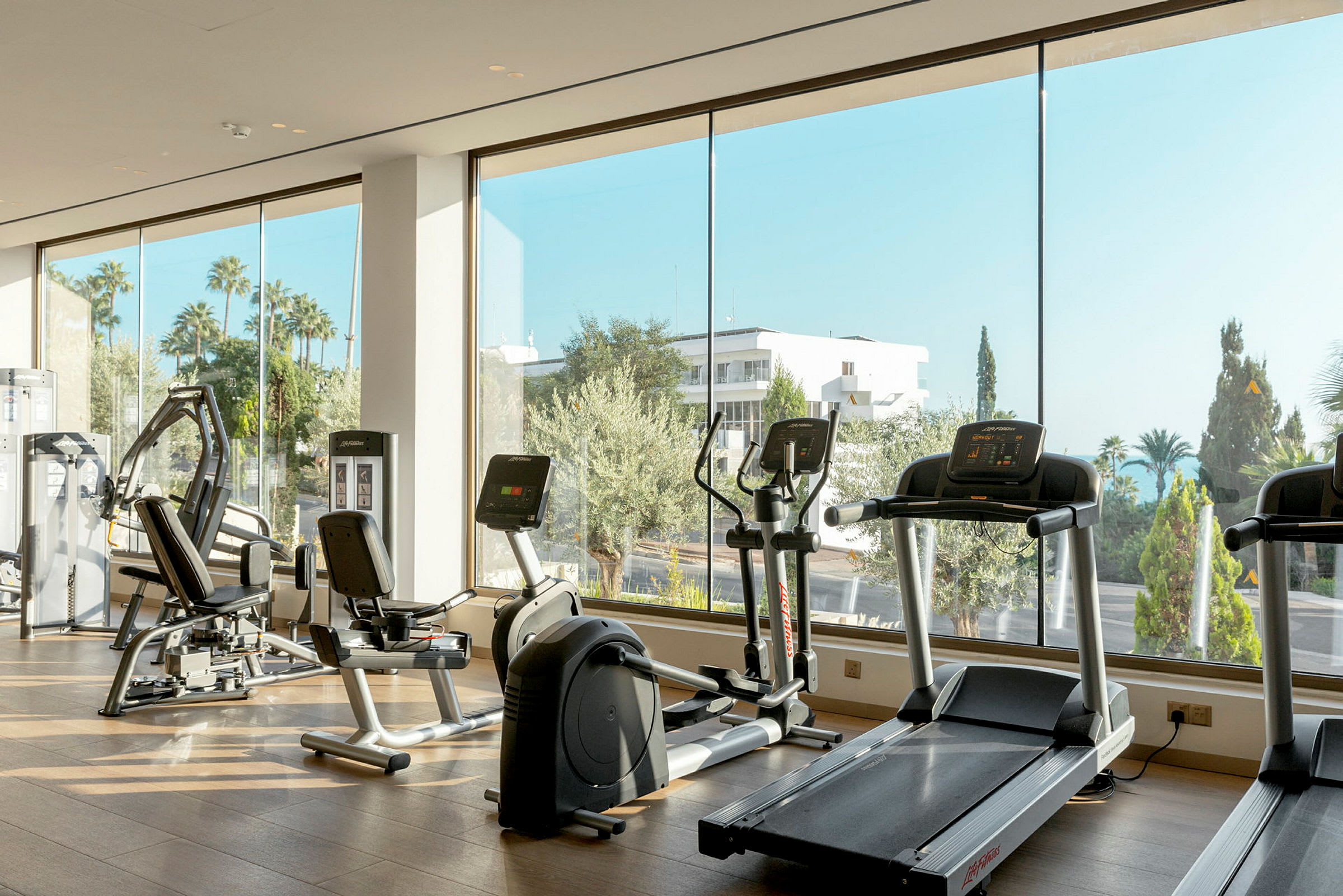 Et fitnesscenter med træningsmaskiner foran store vinduer, der vender ud mod et udendørs område med grønne omgivelser. (AI-genereret tekst)