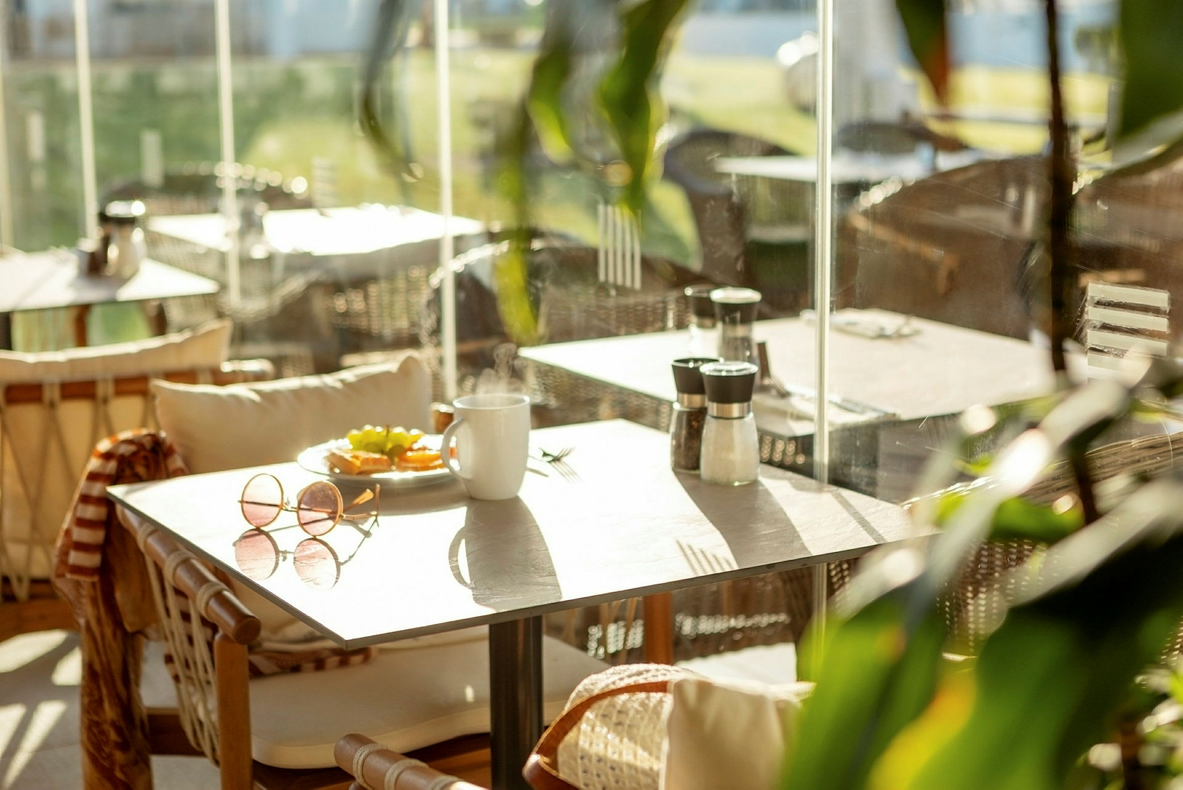Bord på en udendørs terrasse med en kop og en tallerken med mad, omgivet af sollys og grønt. (AI-genereret tekst)