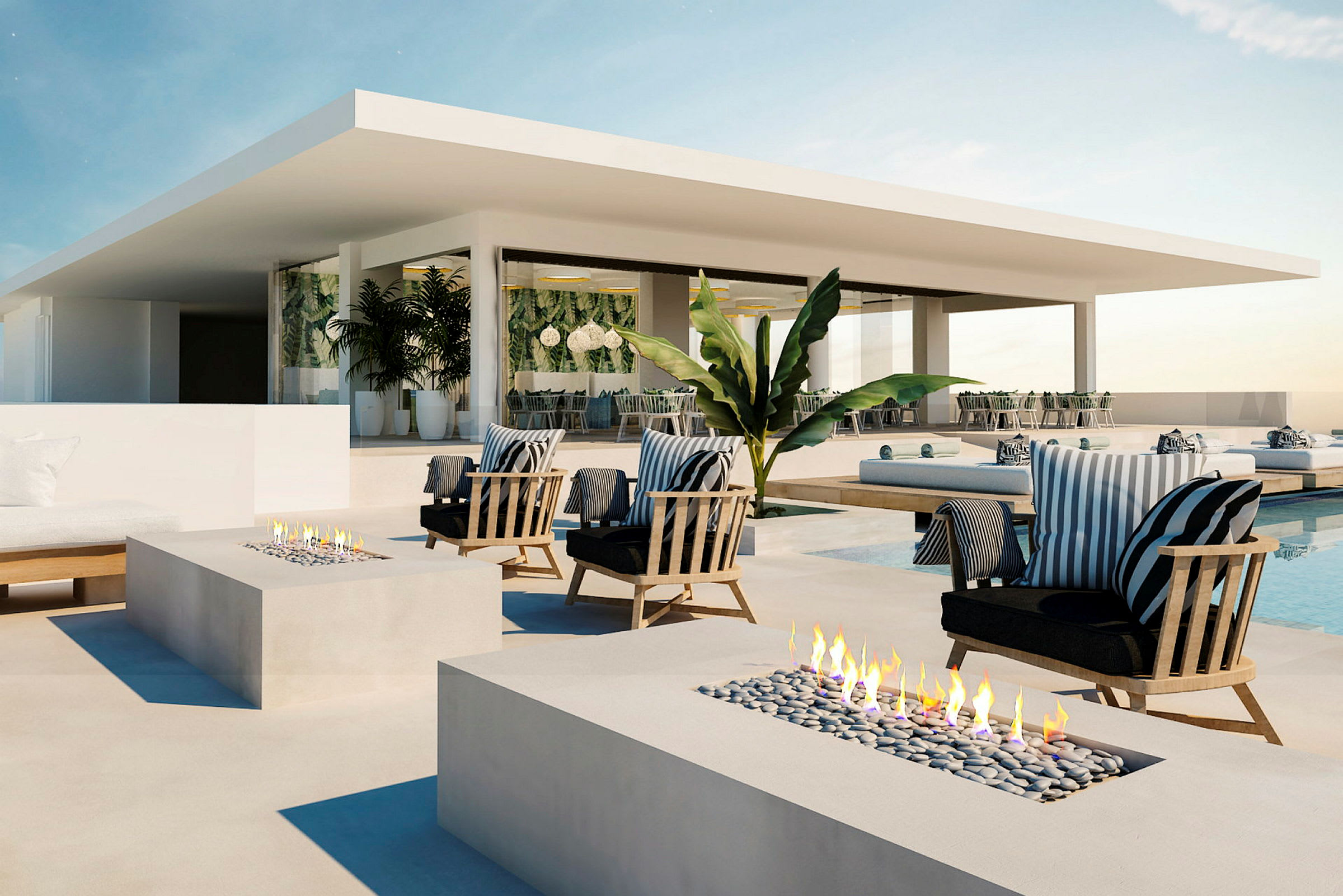 En moderne udendørs terrasse med siddepladser, gasdrevet pejs og pool ved siden af en bygning. (AI-genereret tekst)