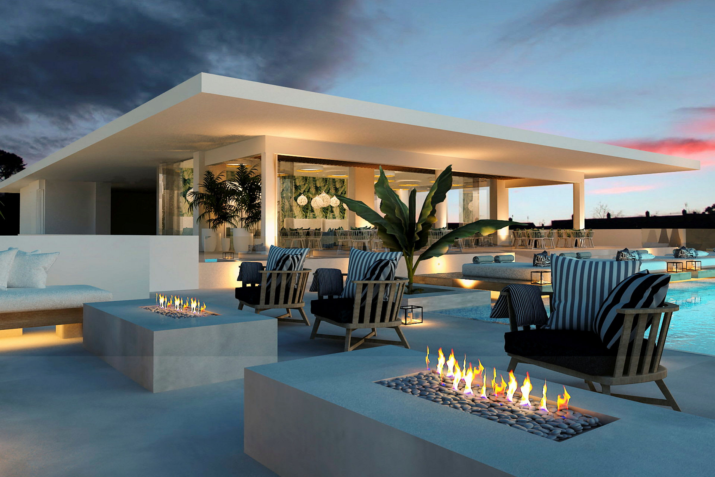 En moderne udendørs lounge med pool og åben ild ved solnedgang. (AI-genereret tekst)