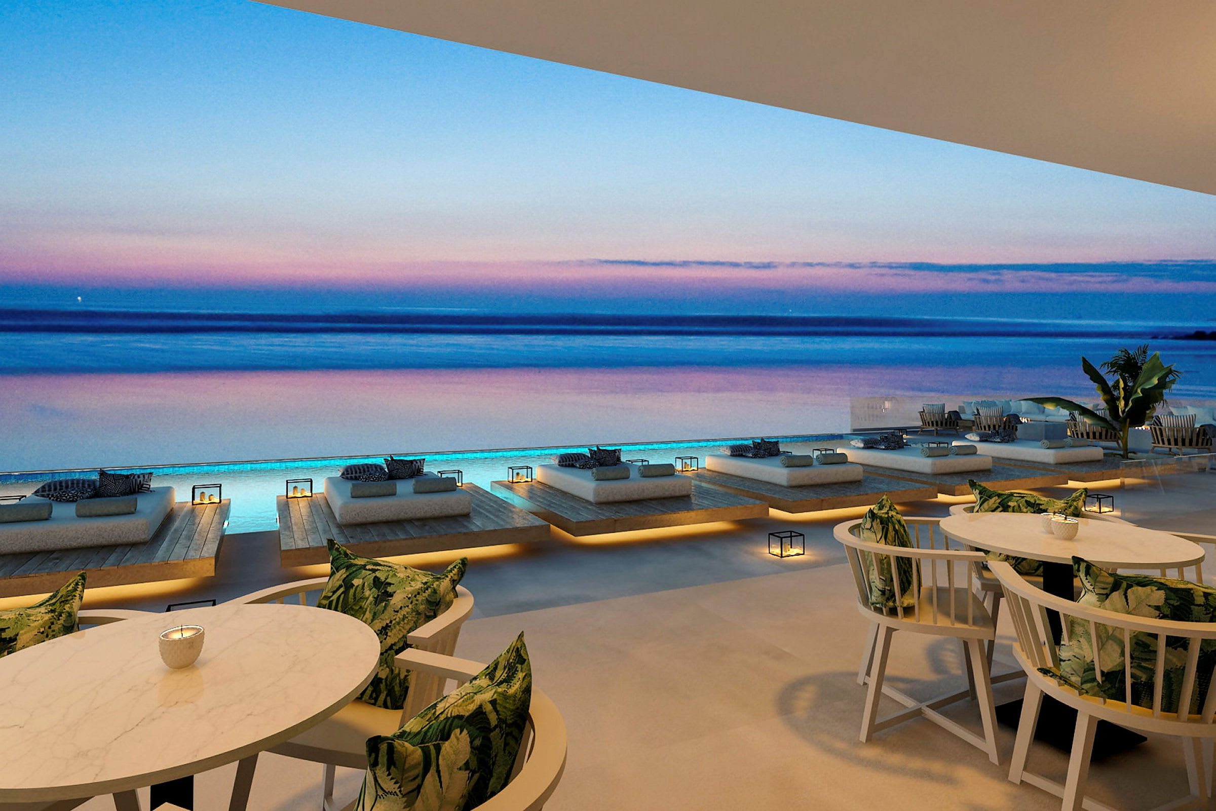 Billede af en moderne udendørs lounge med pooludsigt ved solnedgang. (AI-genereret tekst)