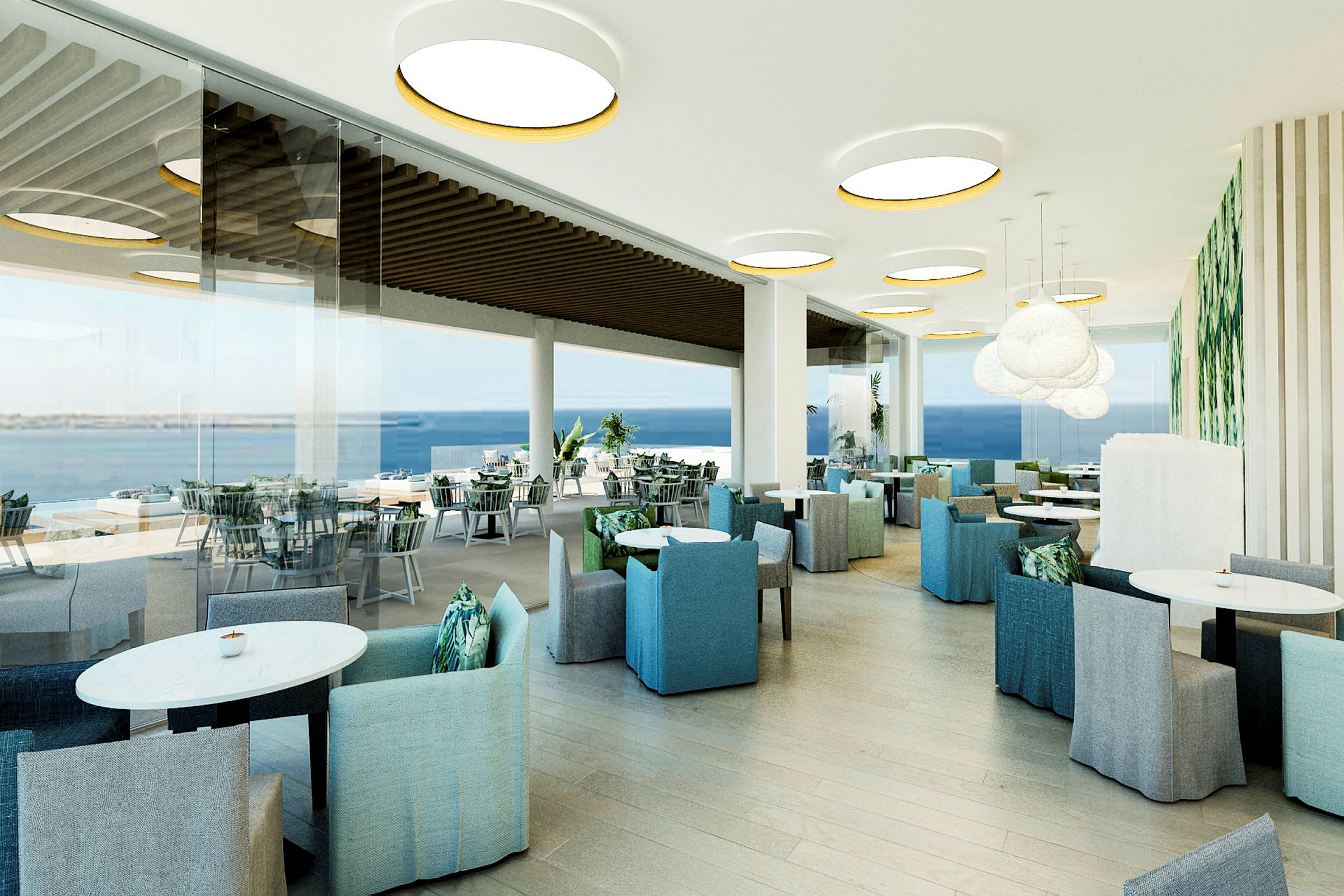 En restaurant med moderne indretning og udsigt over havet. Møblerne er i dæmpede farver, og store vinduer lukker naturligt lys ind. (AI-genereret tekst)