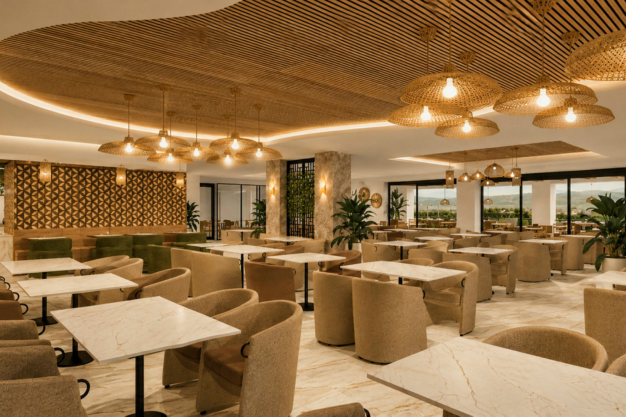 En moderne restaurant med marmorborde, komfortable stole og dekorative loftlamper. Væggene er stilfuldt designet, og omgivelserne inkluderer store glasdøre og grønne planter. (AI-genereret tekst)