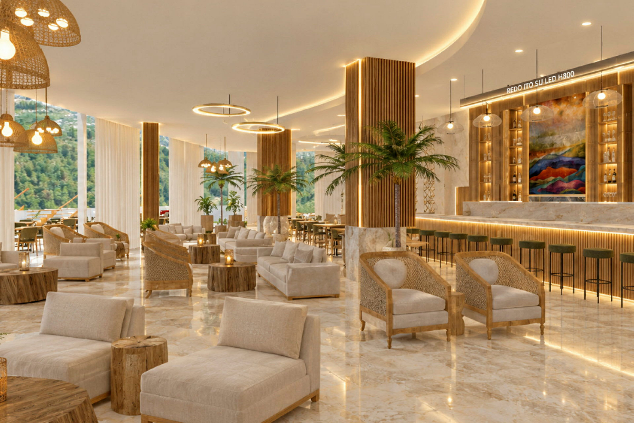 En elegant hotellobby med lyse farver, komfortable siddegrupper og dekorative palmeplanter. (AI-genereret tekst)