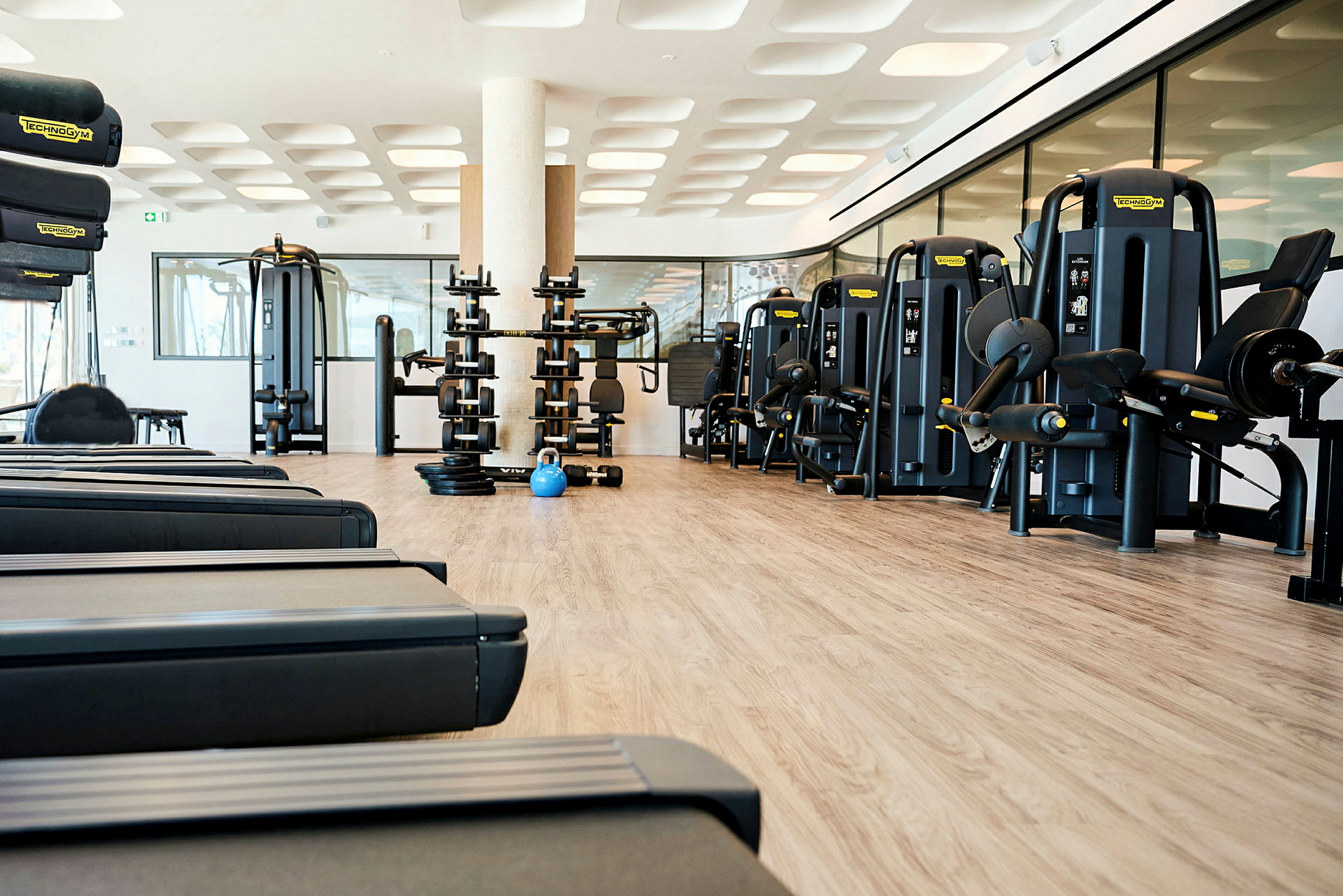 Et fitnesscenter med forskellige træningsmaskiner og vægte på et trægulv. (AI-genereret tekst)