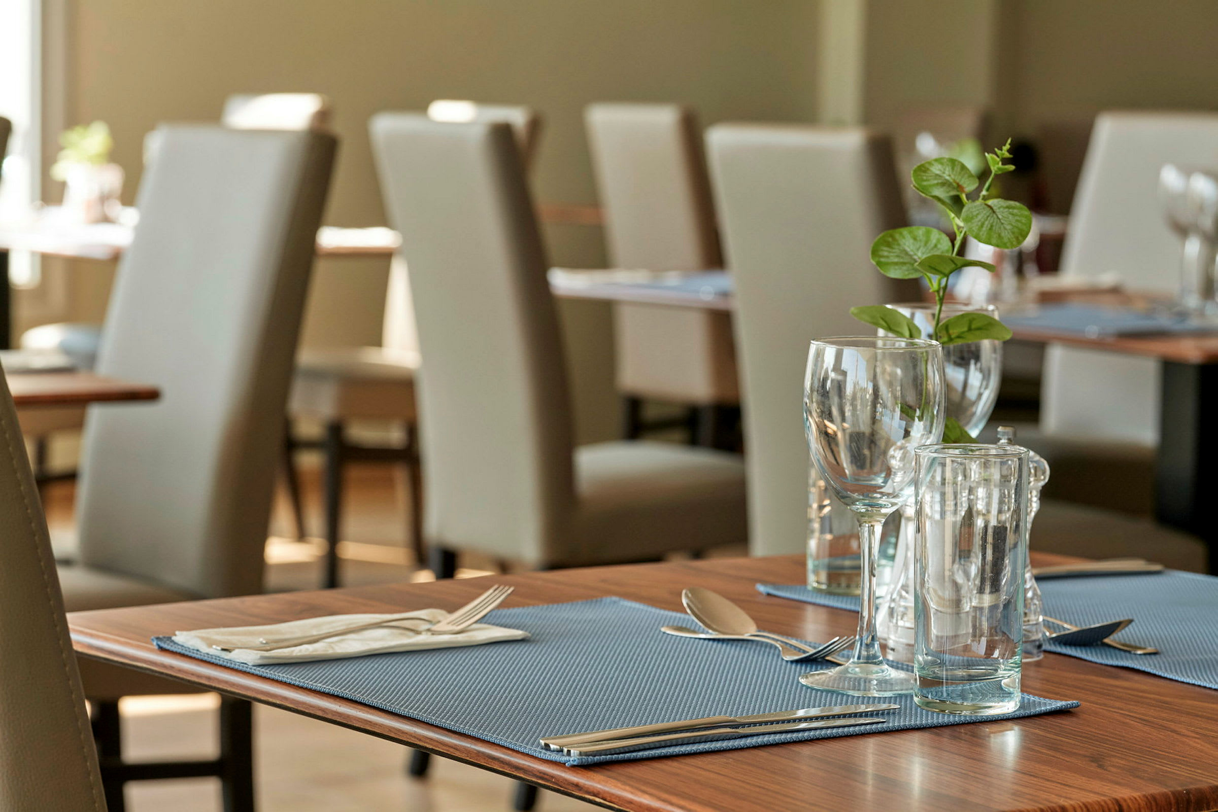 Et dækket bord med glas, bestik og en grøn plante på en restaurant. (AI-genereret tekst)