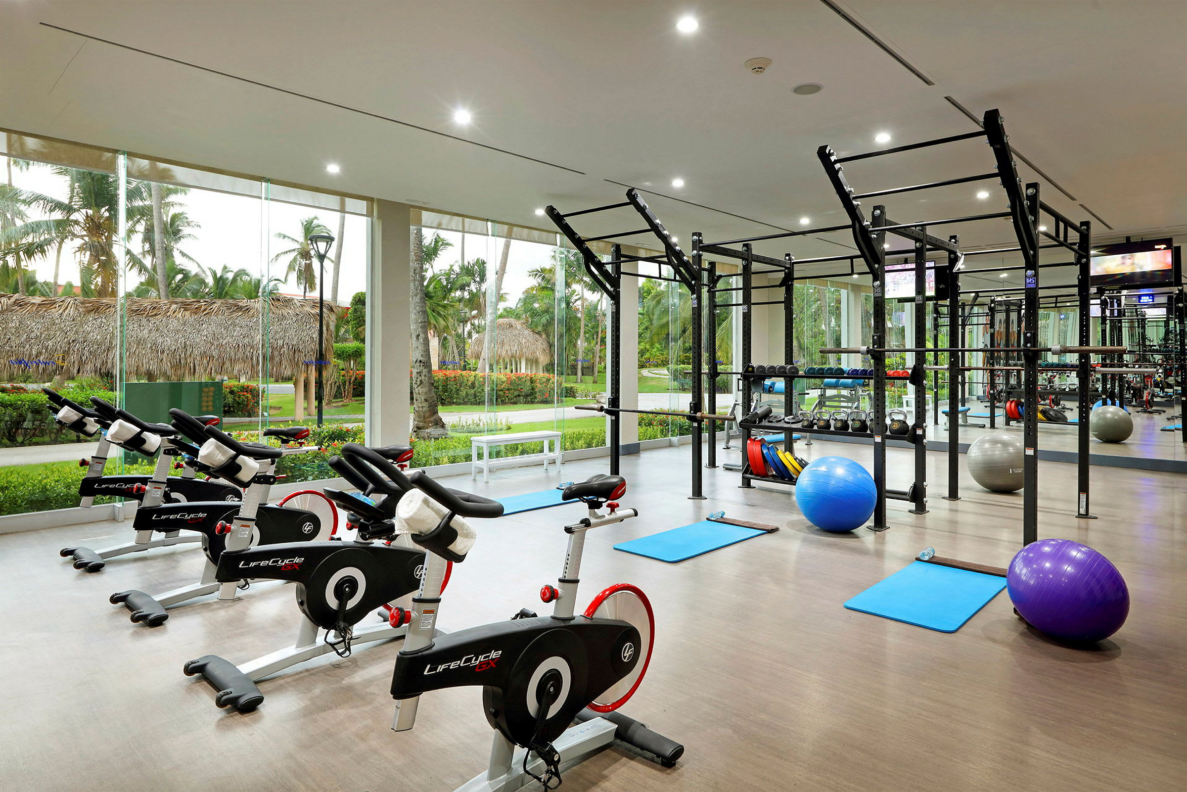Et moderne fitnesscenter med motionscykler, yogamåtter, træningsbolde og styrketræningsudstyr, med store vinduer der giver udsigt til en tropisk have. (AI-genereret tekst)