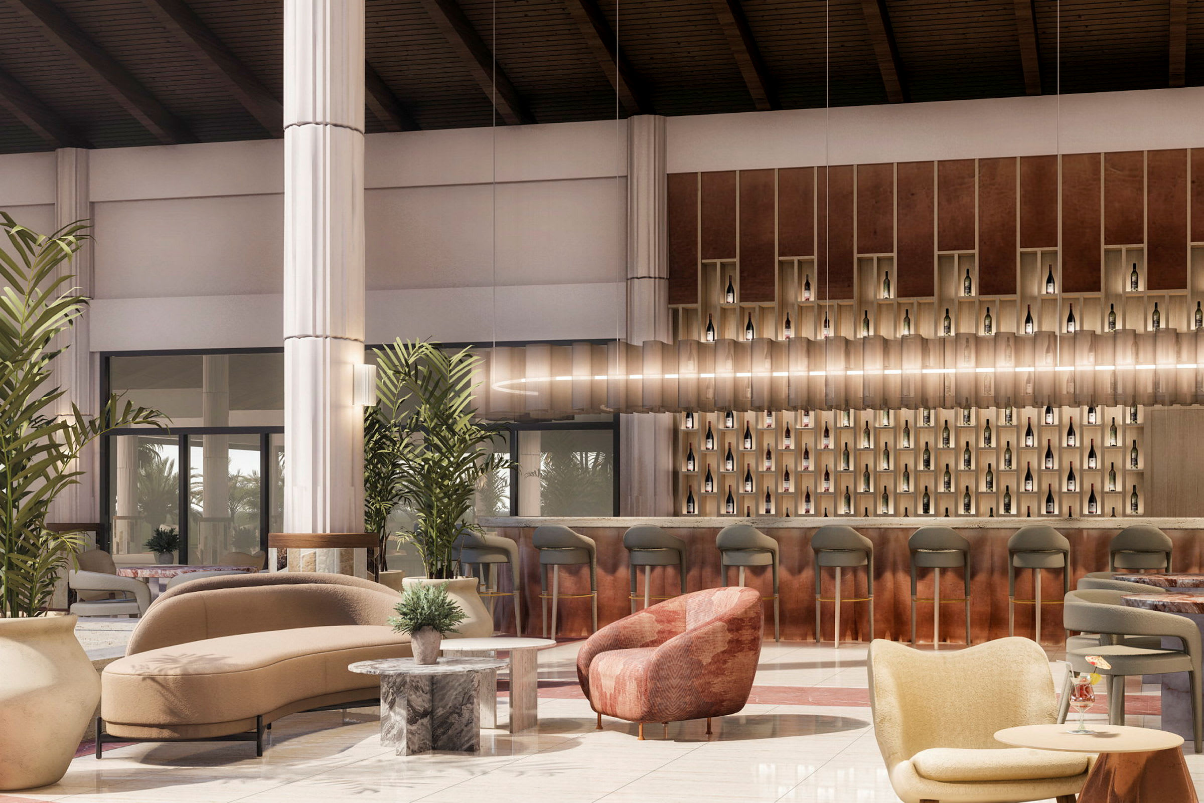 En elegant hotellobby med moderne møbler, planter og en stilfuld bardisk med flasker på væggen. (AI-genereret tekst)