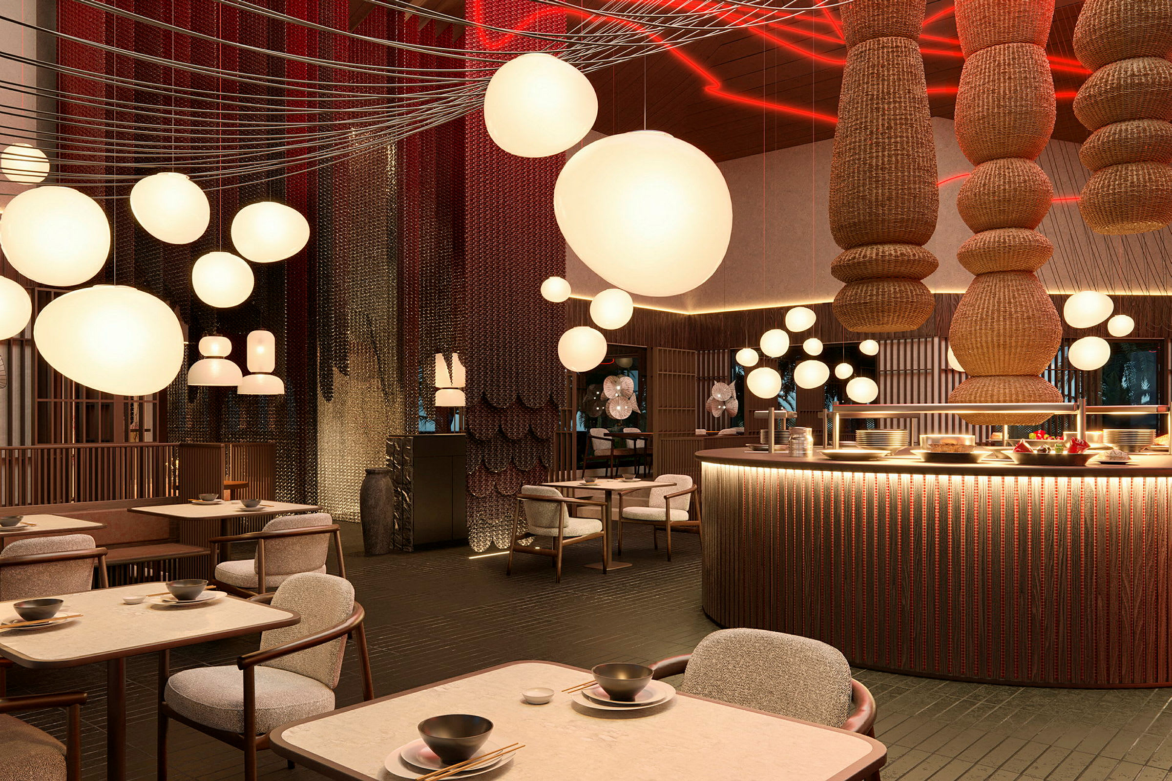 Billede af et elegant restaurantinteriør med runde loftslamper og stilfuldt møblement. (AI-genereret tekst)