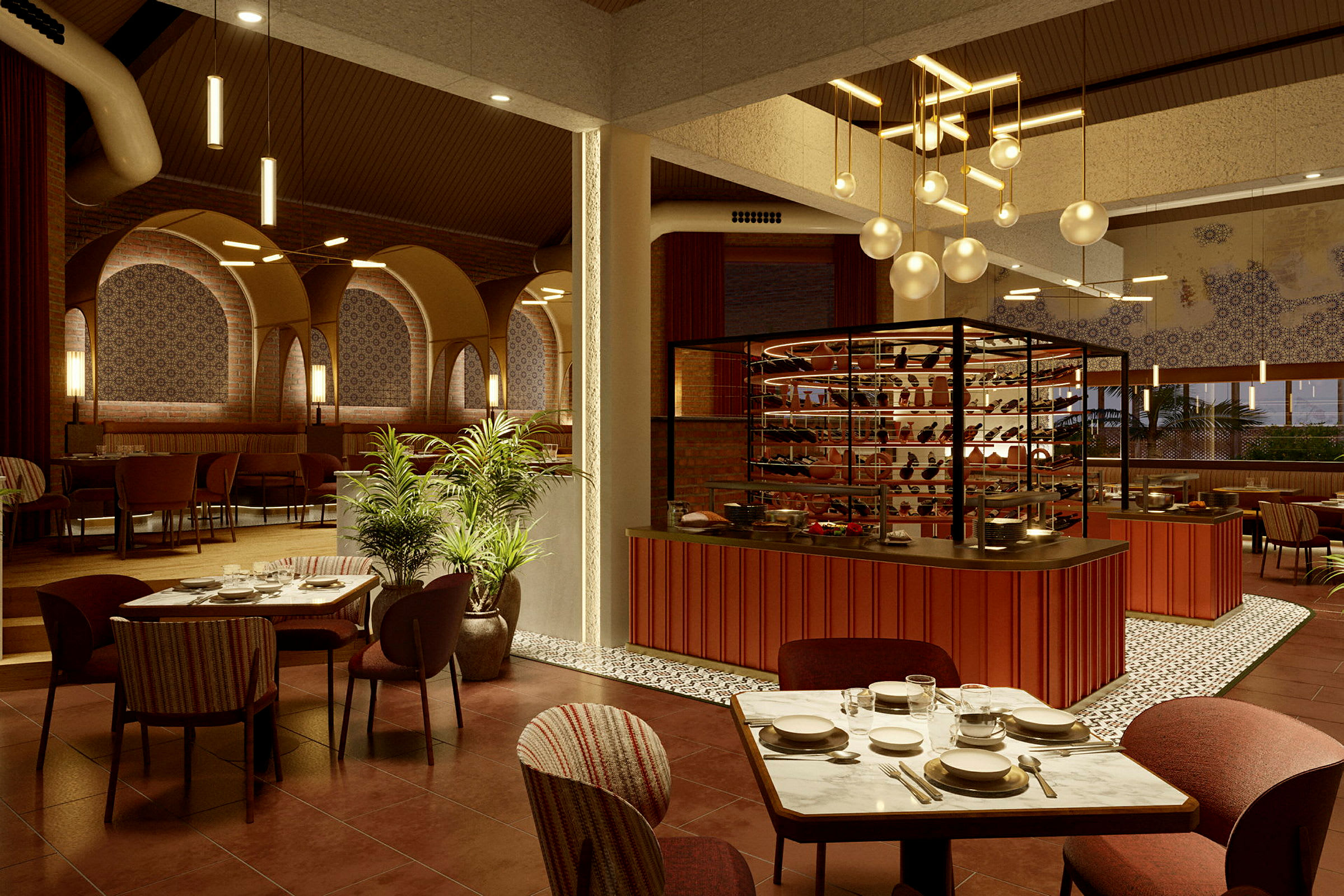 En stilfuld restaurant med moderne møbler og dekorationer. (AI-genereret tekst)
