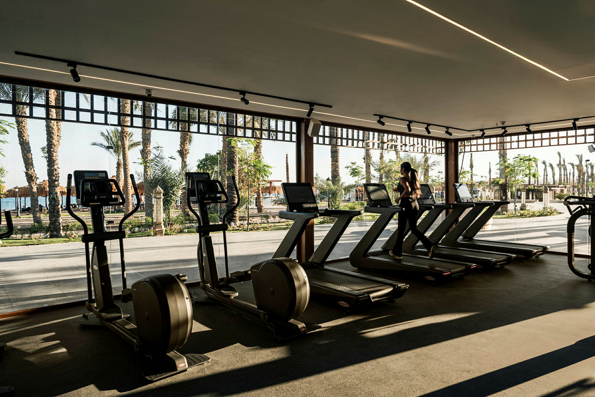 Et fitnesscenter med træningsudstyr og en person, der træner på løbebånd. Udenfor ses palmer og et solrigt miljø. (AI-genereret tekst)