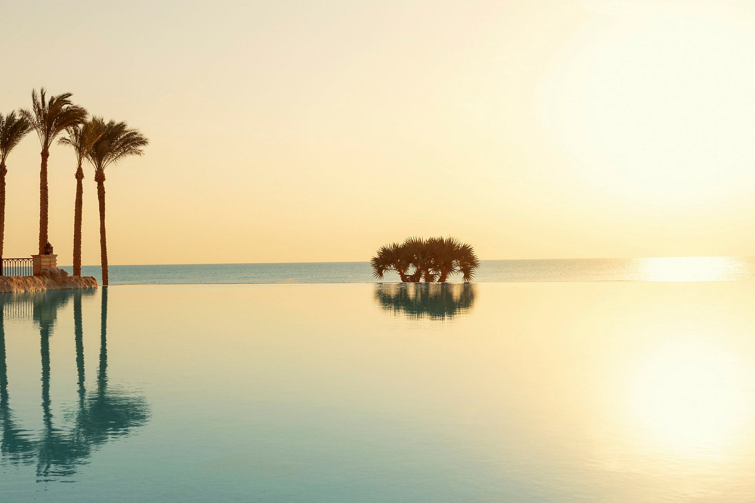 Infinitypool med udsigt over havet og solnedgang, palmer i forgrunden. (AI-genereret tekst)