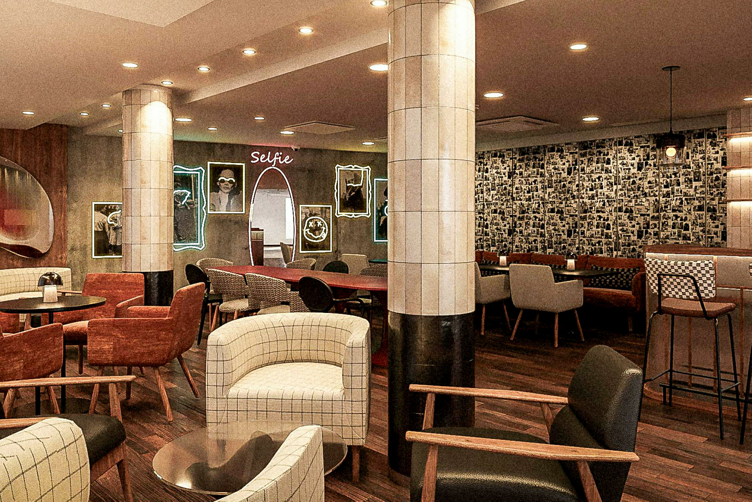 En moderne lounge med stole, borde og dekorerede vægge. (AI-genereret tekst)