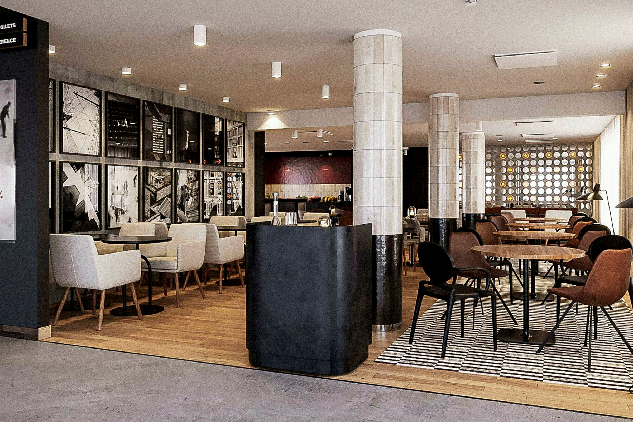 En restaurant med borde og stole samt en væg dekoreret med fotografier. (AI-genereret tekst)