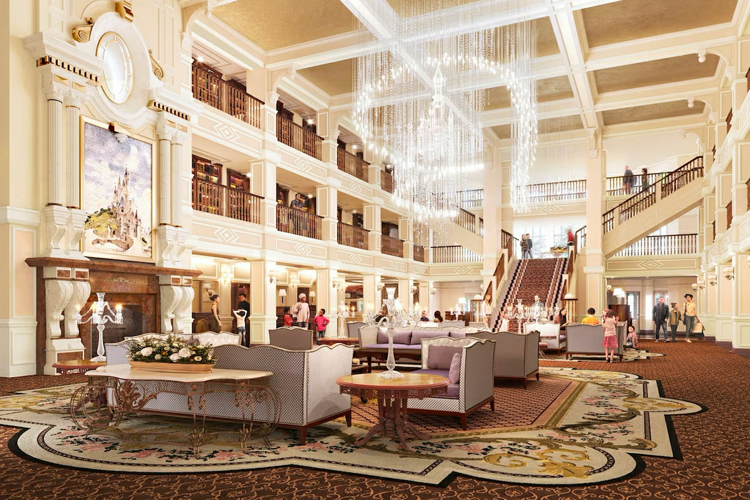 Interiør af en elegant hotellobby med sofagrupper, trapper og lysekrone. (AI-genereret tekst)