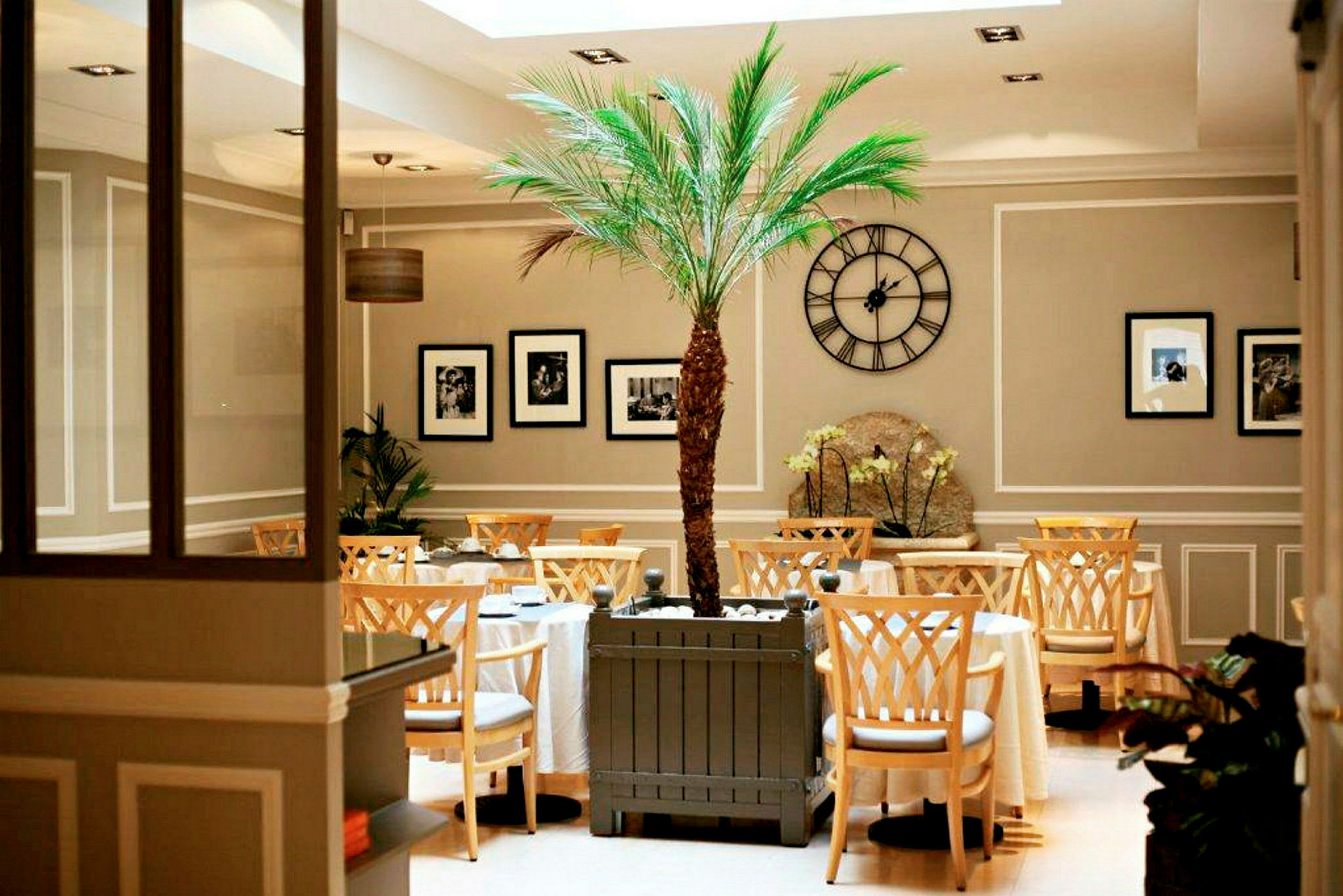 Inde i en elegant café med et centralt placeret palmetræ og dekorative elementer. (AI-genereret tekst)