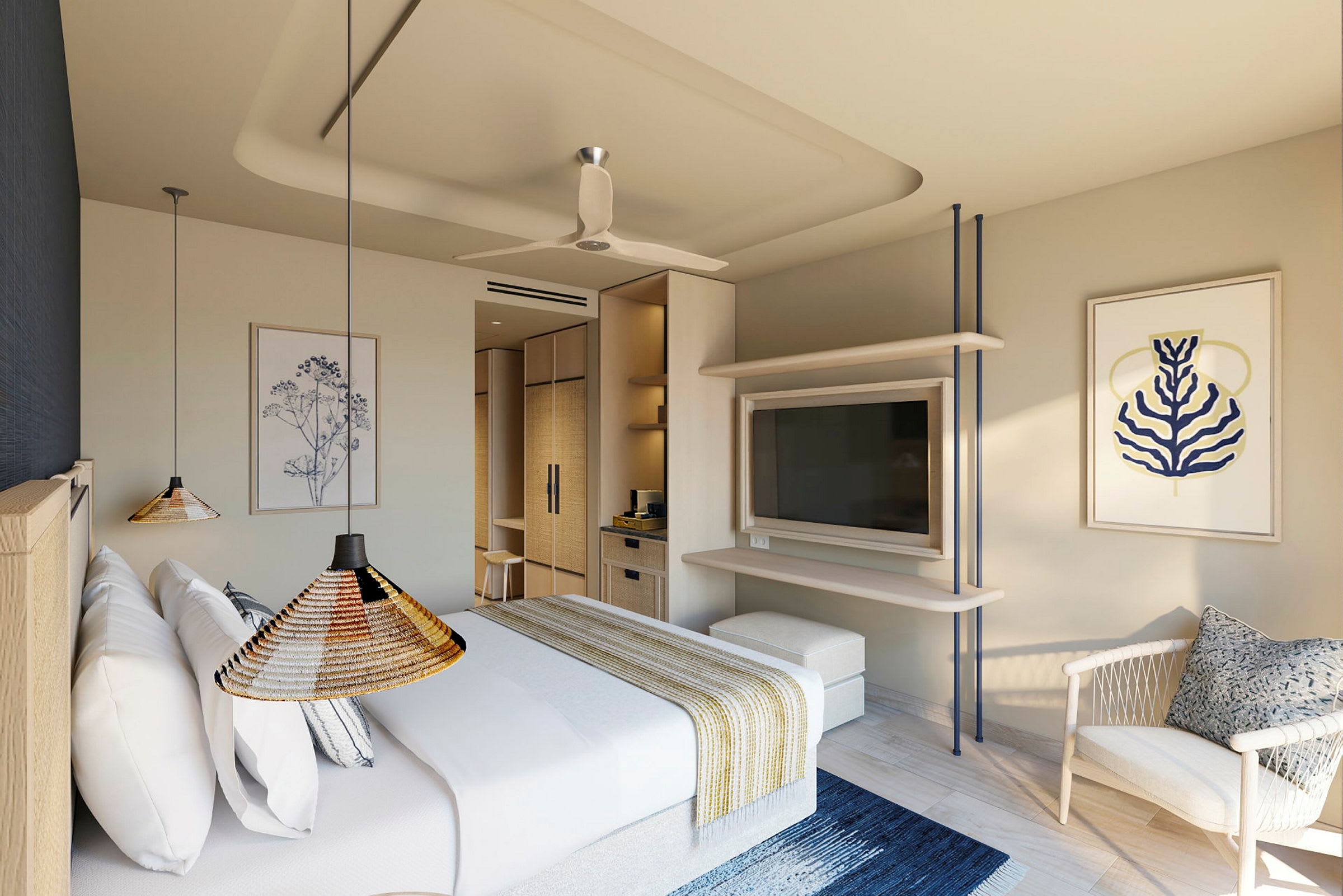 Et moderne hotelværelse med en dobbeltseng, kunst på væggene og et TV. (AI-genereret tekst)