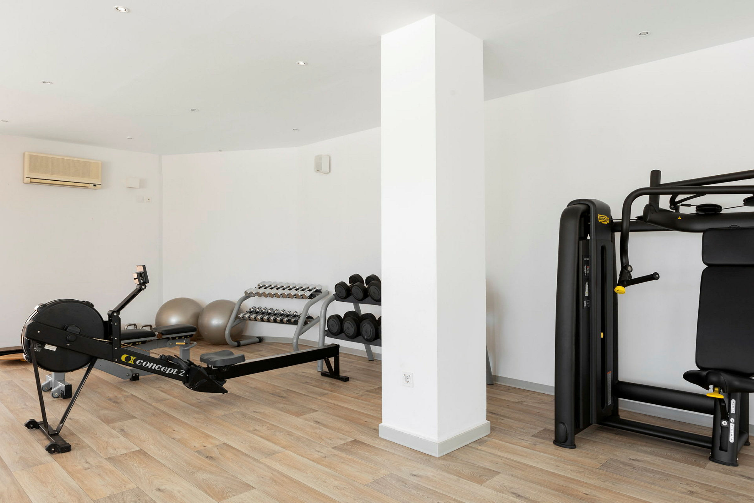 Et motionsrum med træningsmaskiner, håndvægte og fitnessbolde på et trægulv. (AI-genereret tekst)