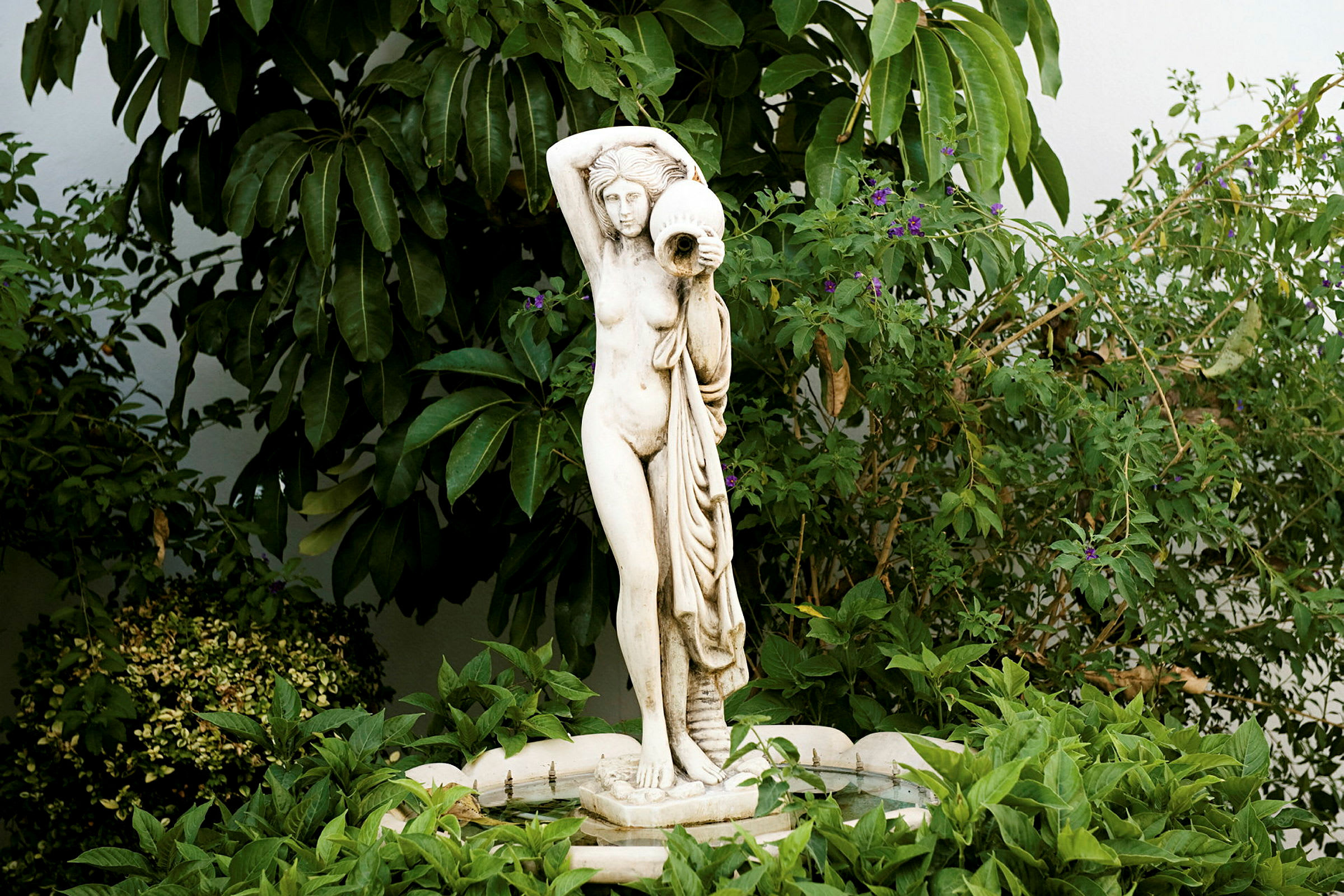Statue af en stående person omgivet af grøn bevoksning. (AI-genereret tekst)